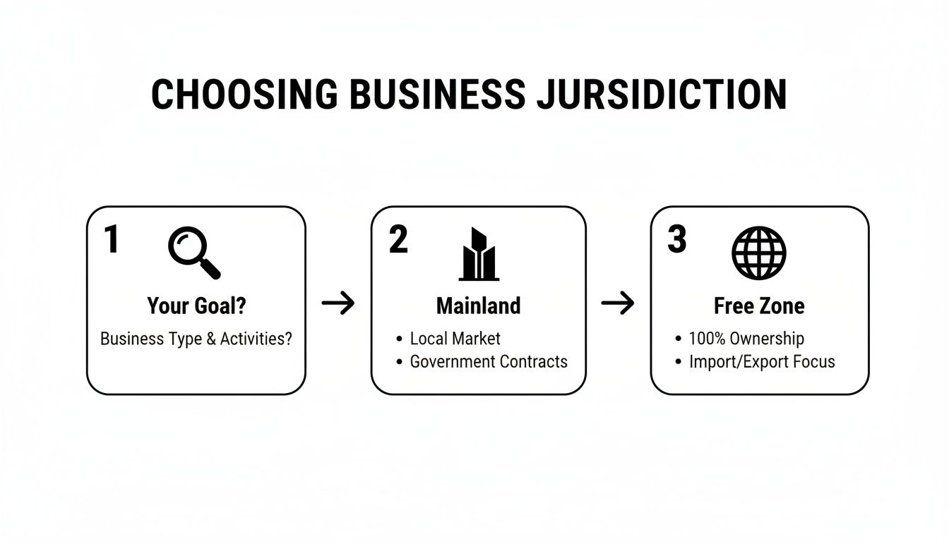 A flowchart explaining how to choose a business jurisdiction based on goals, mainland, or free zone.