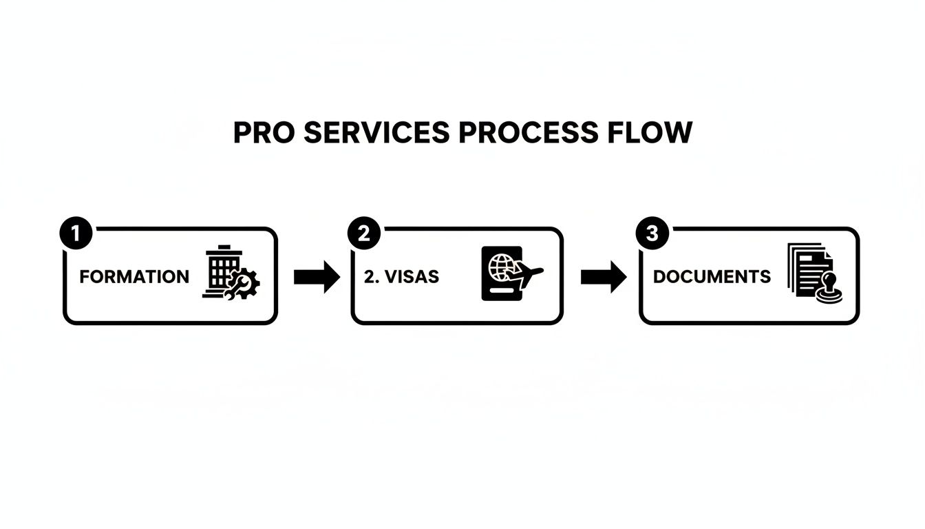 A process flow diagram illustrating PRO services in three steps: Formation, Visas, and Documents.