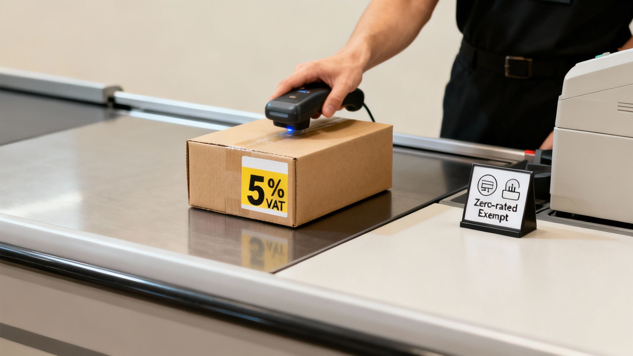 Hand scanning cardboard box labeled five percent VAT at checkout with zero-rated exempt sign