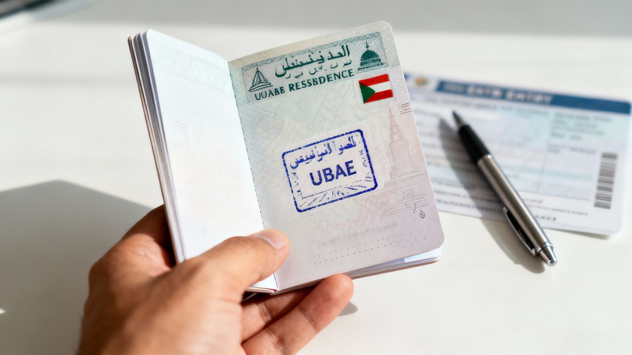 Passport with a Dubai residence visa stamped inside