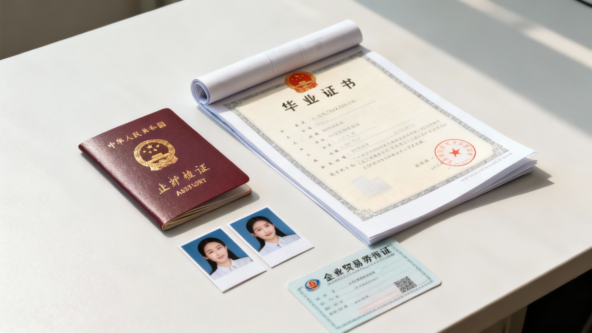 A flat lay of Chinese official documents including a passport, graduation certificate, two photos, and a business permit.