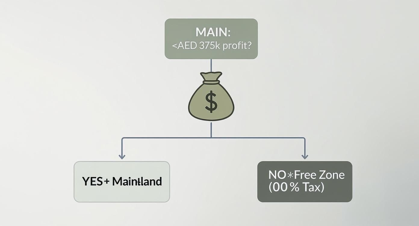 A flowchart detailing profit thresholds for company registration in Dubai, distinguishing between Mainland and Free Zone options.