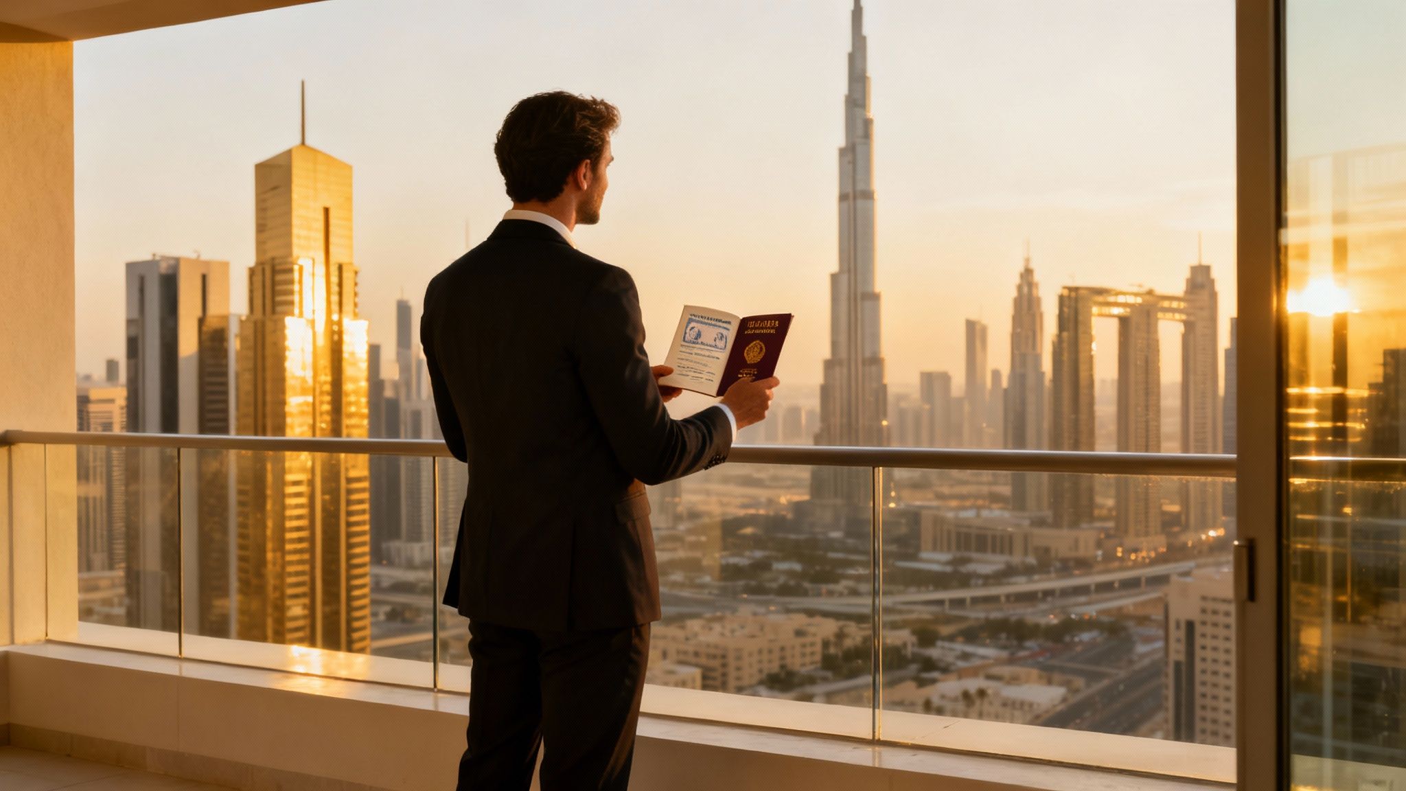 A man holds an open passport on a high-rise balcony overlooking the Dubai skyline at sunset.