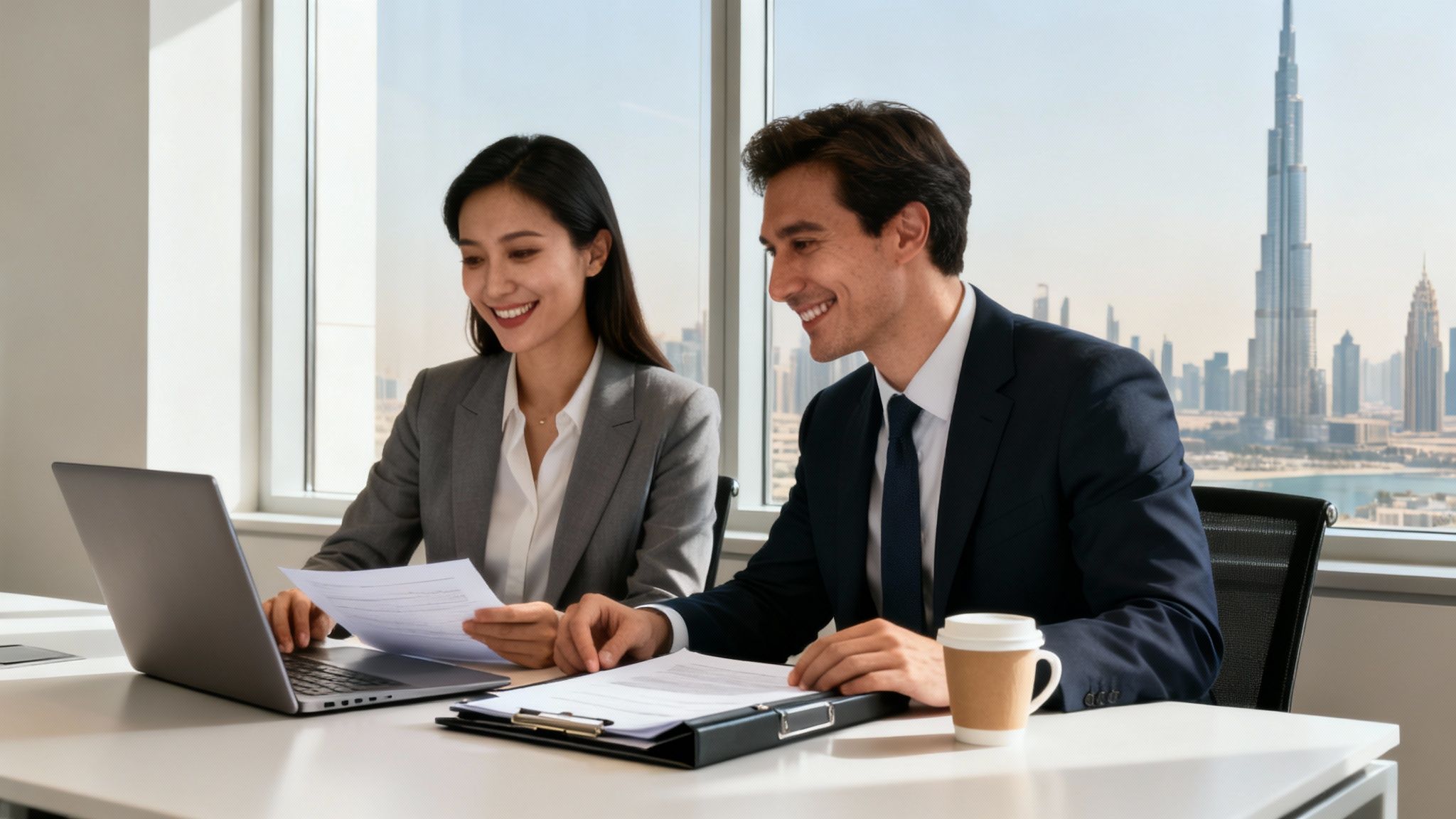 Smiling business professionals collaborate at a desk with a laptop, documents, and a Dubai skyline view.