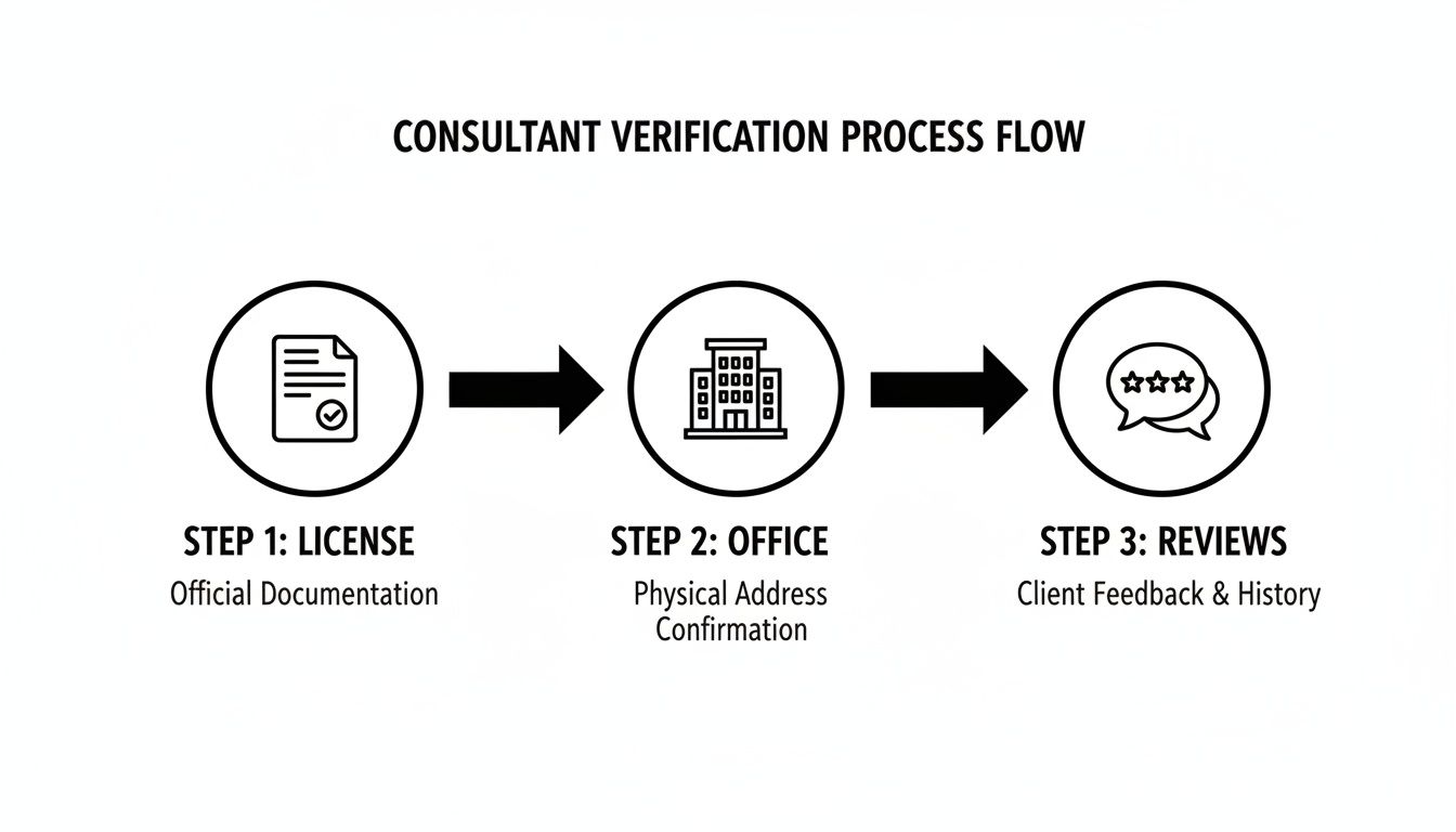 Diagram illustrating the 3-step consultant verification process flow: license, office, and client reviews.