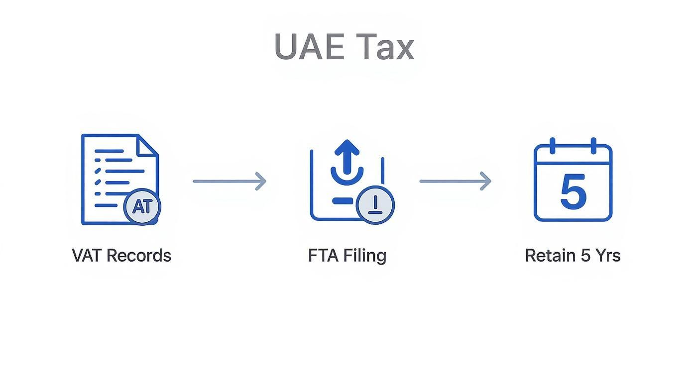 UAE Tax compliance process showing VAT records filing through FTA system with five year retention requirement