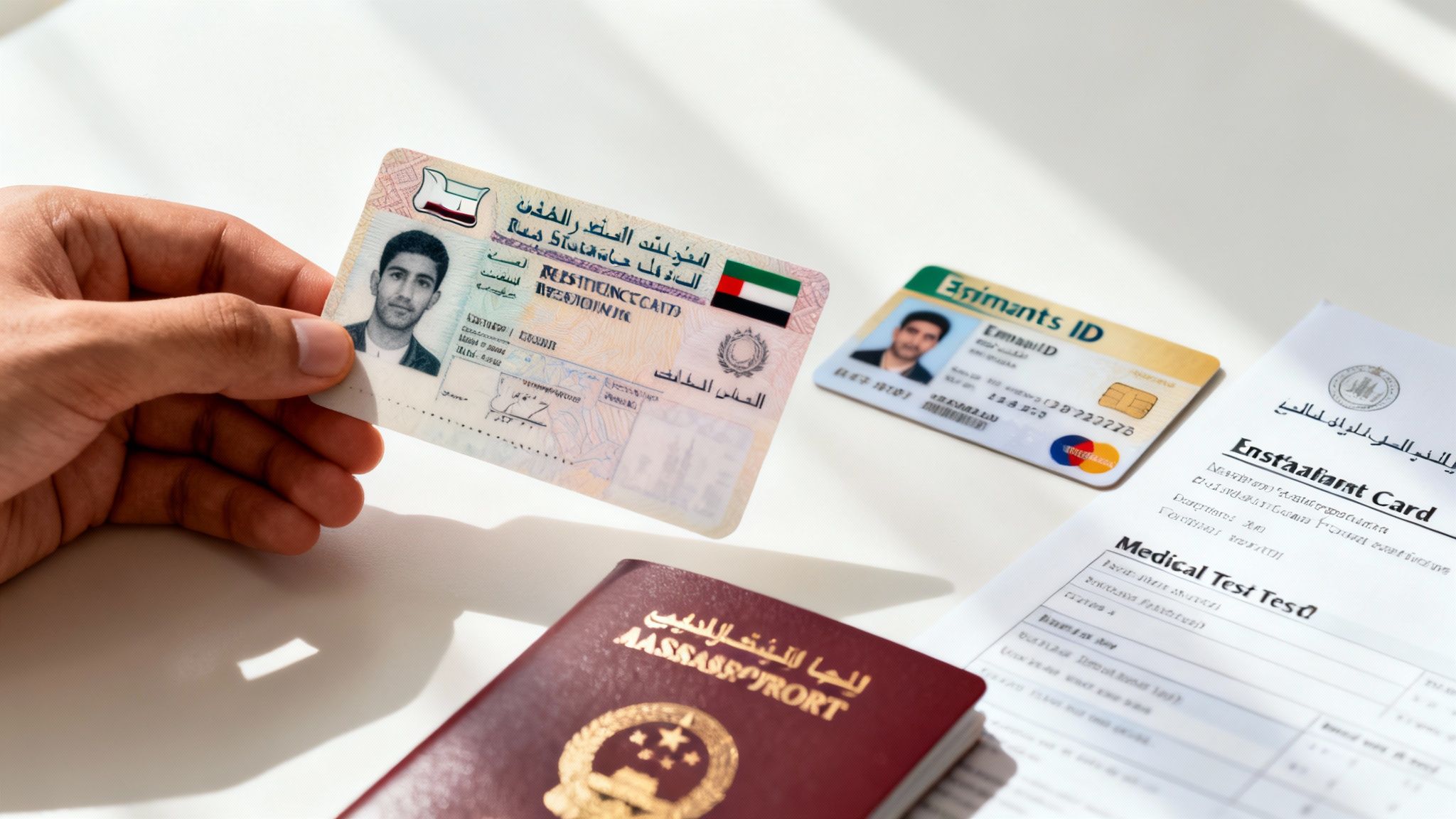 A hand holds an ID card with other UAE official documents like passport and medical test form.