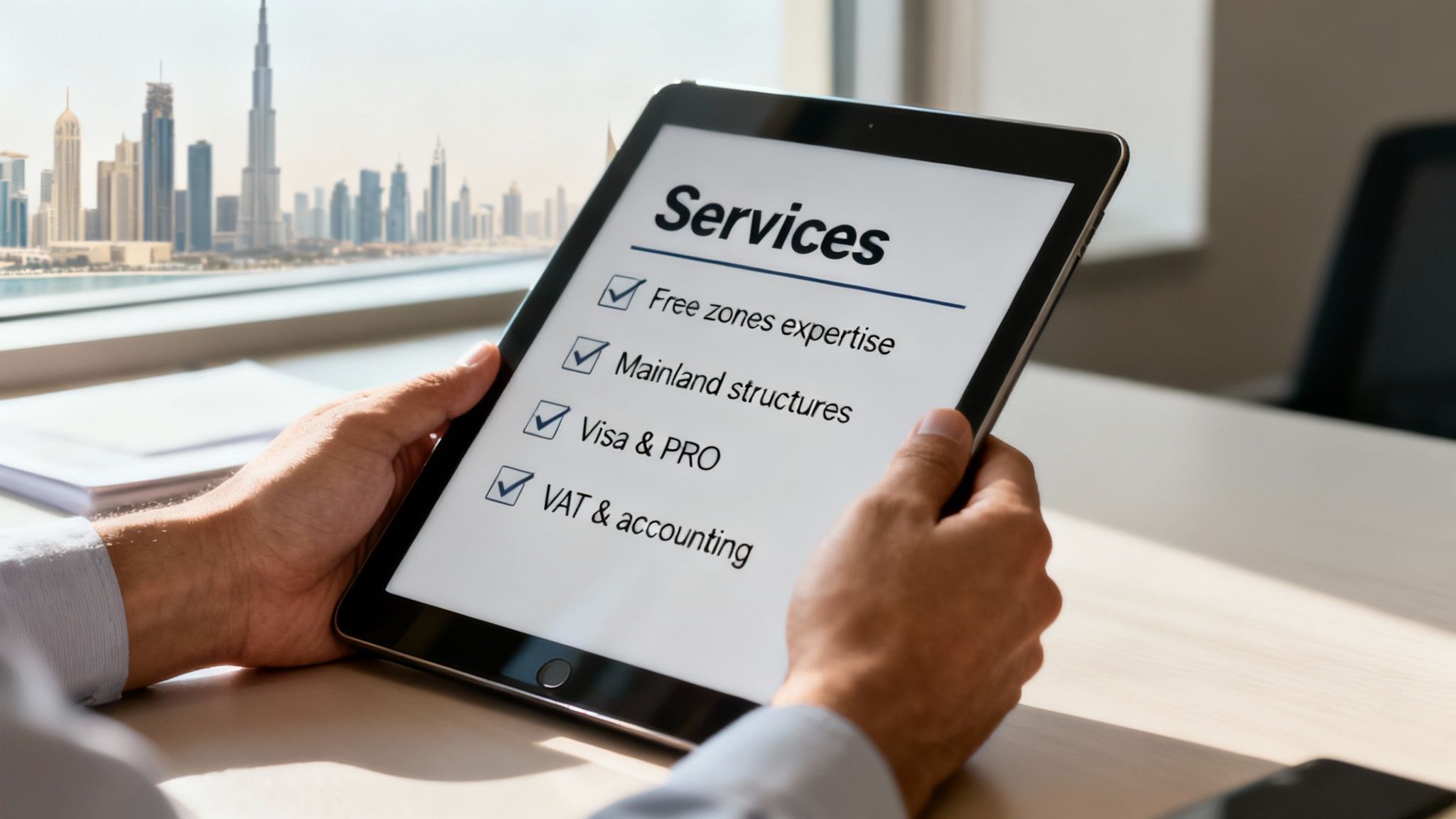Hands hold a tablet displaying business services like free zones and visas with Dubai skyline.
