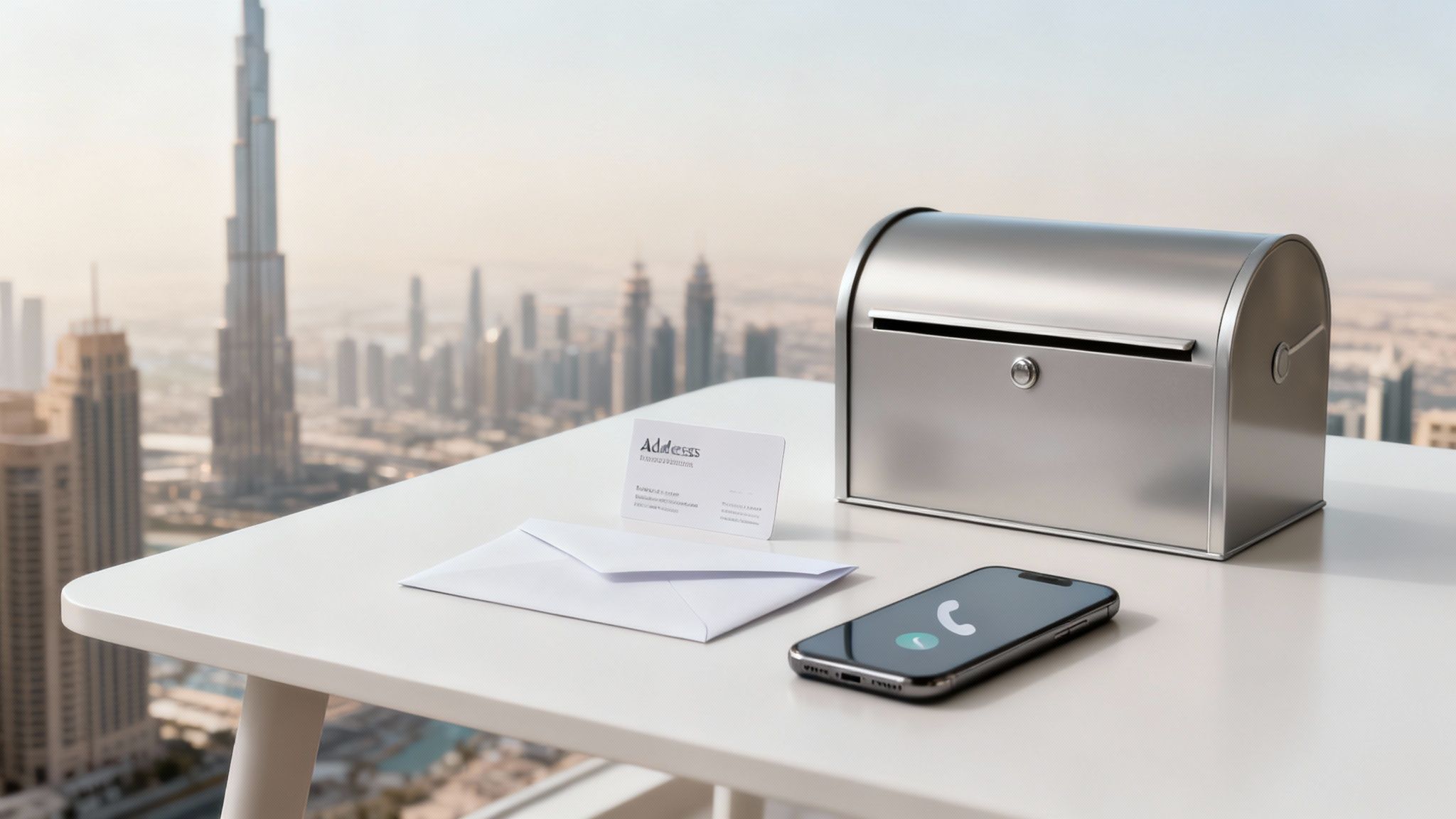 Dubai skyline from a balcony with a silver mailbox, business card, envelope, and smartphone on a white table.