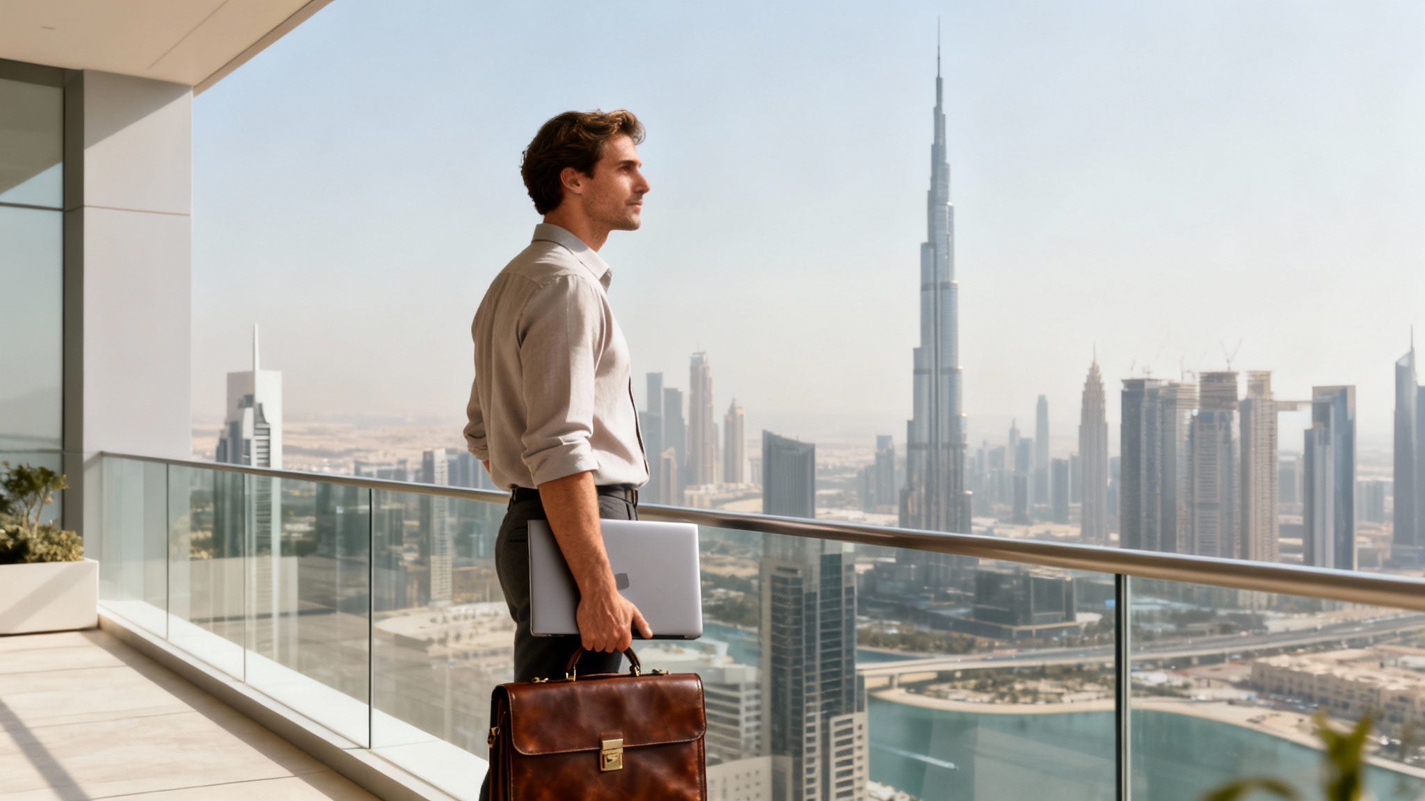 Professional man on a Dubai balcony, holding a laptop and briefcase, admiring the cityscape.