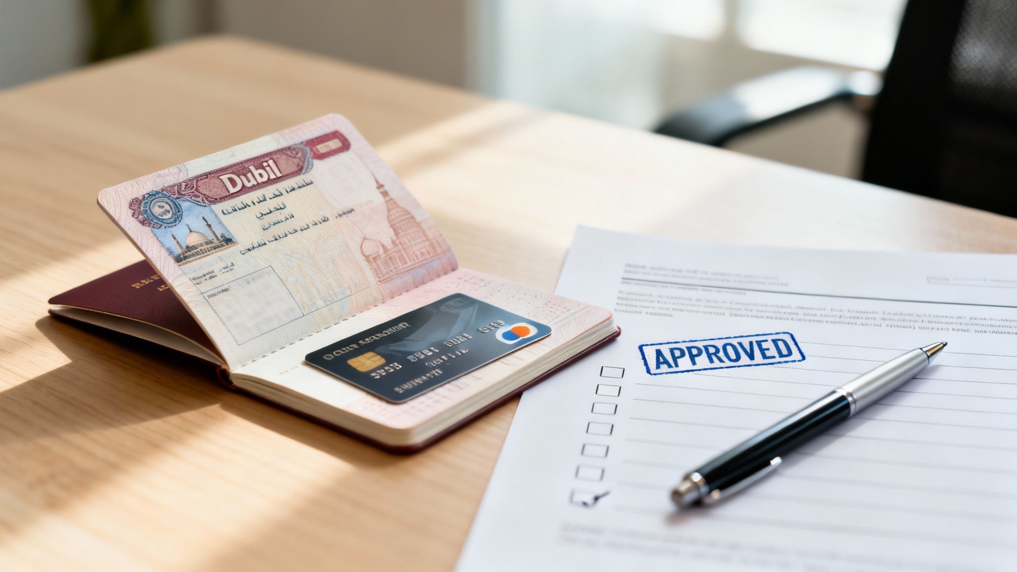 A passport with a visa and credit card, next to an 'APPROVED' document and pen on a wooden table.
