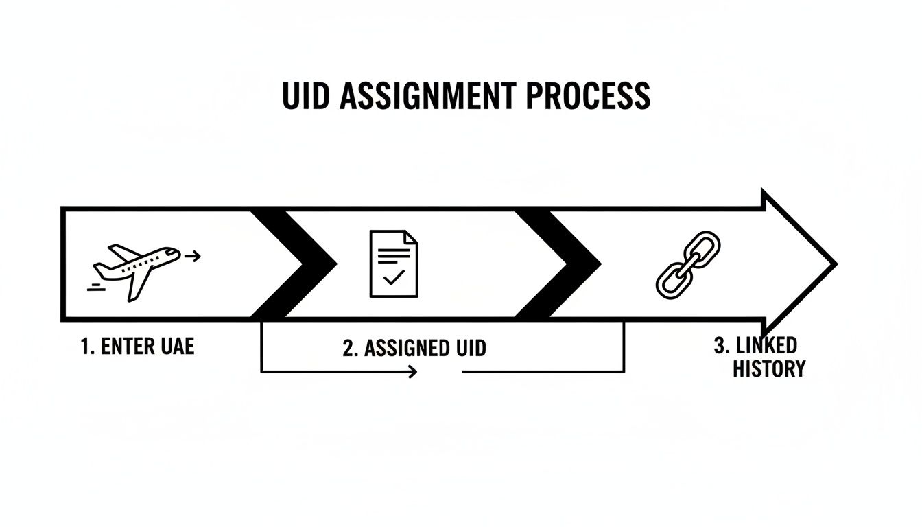 A three-step horizontal infographic illustrating the UID assignment process: entering UAE, assigned UID, and linked history.