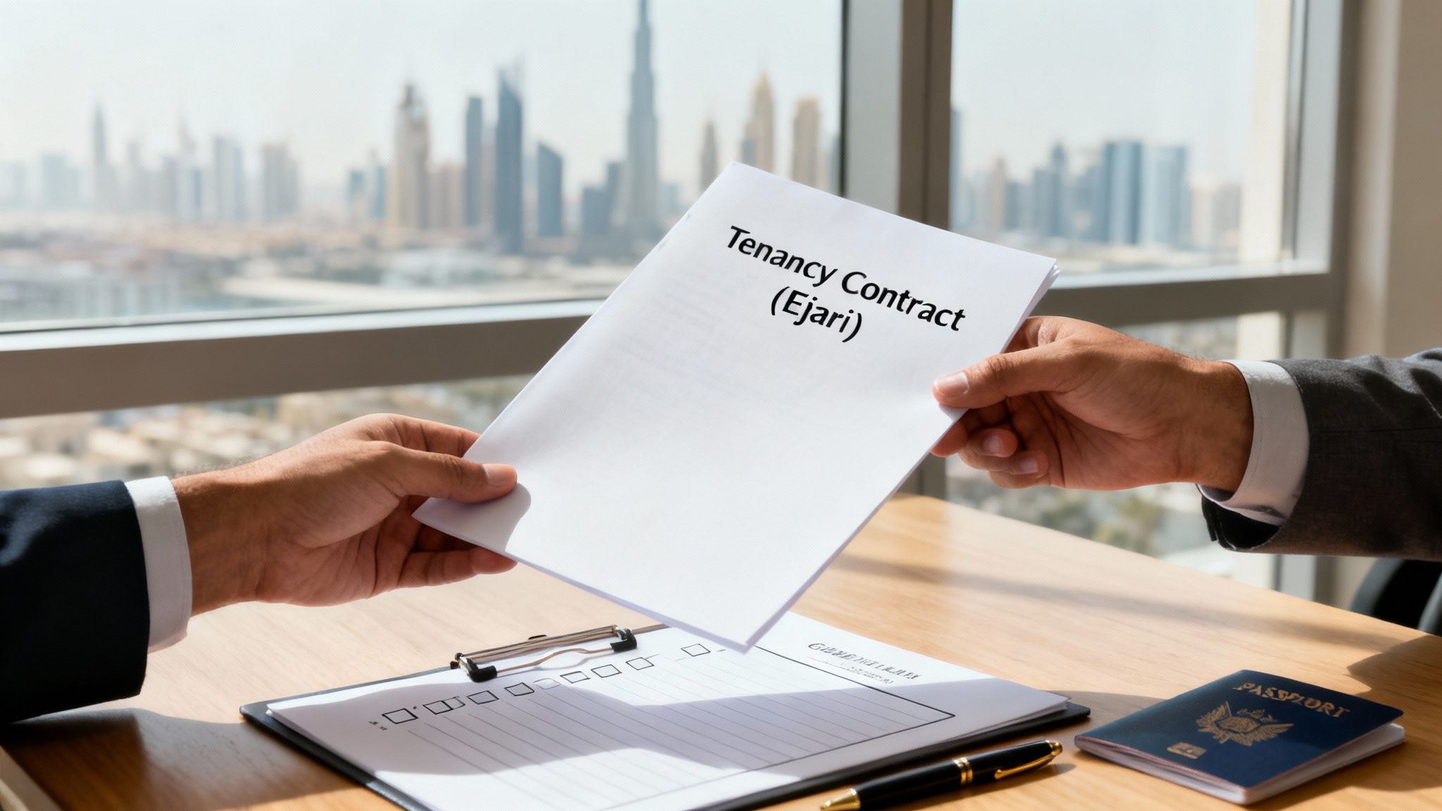 Two businessmen exchanging a 'Tenancy Contract (Ejari)' document over a desk with the Dubai skyline in the background.