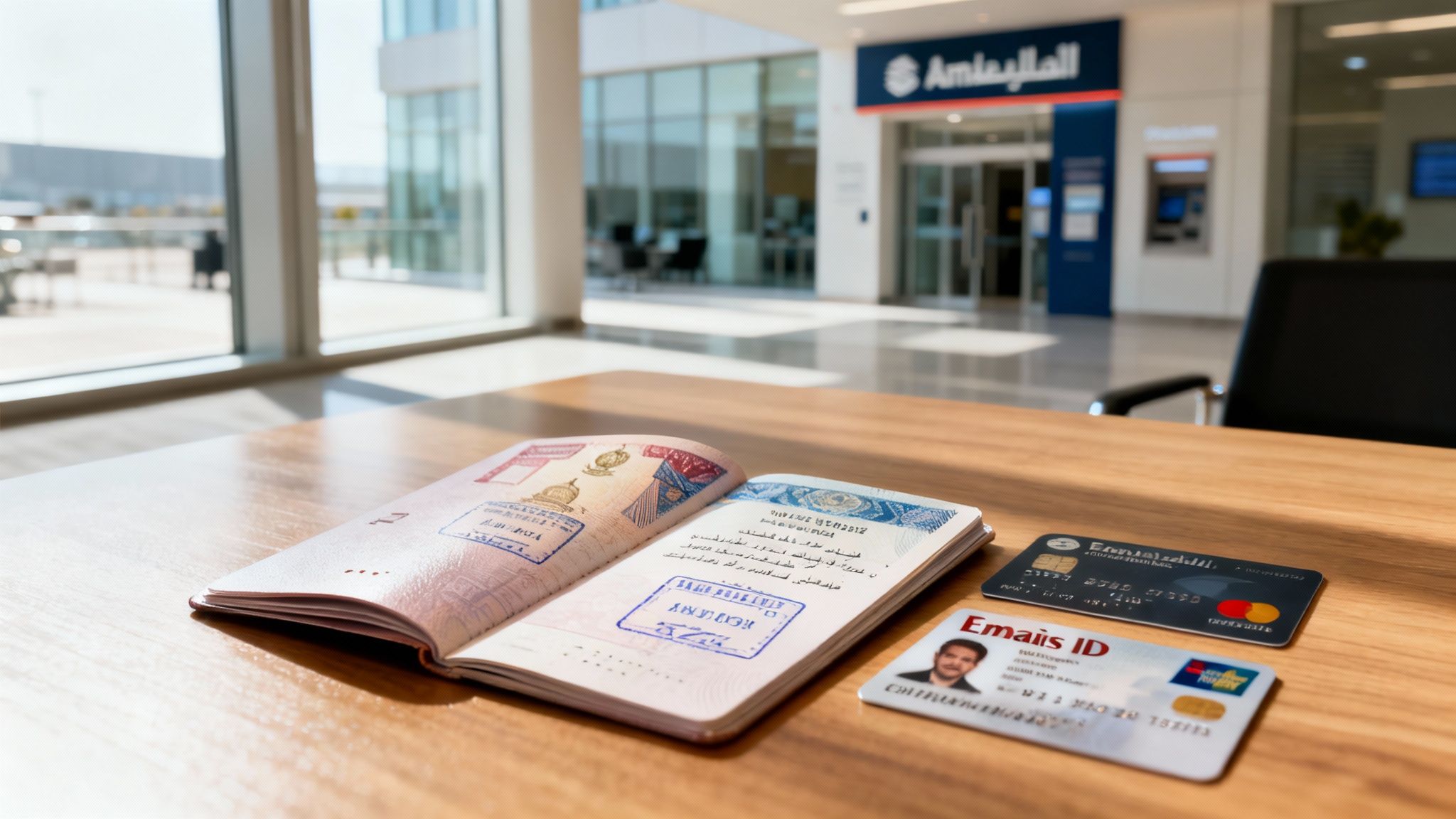 Travel documents including an open passport, credit card, and ID card on a wooden table.