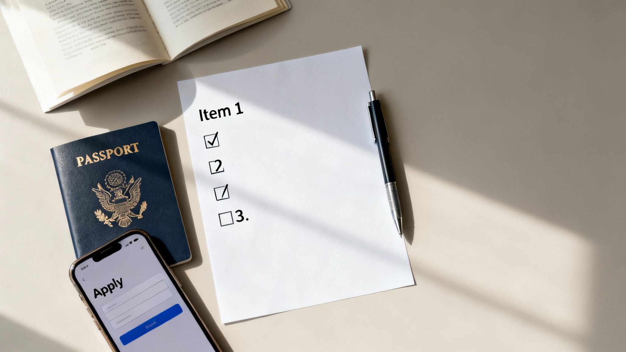 A top-down view of a desk with a passport, smartphone, checklist, pen, and open book.