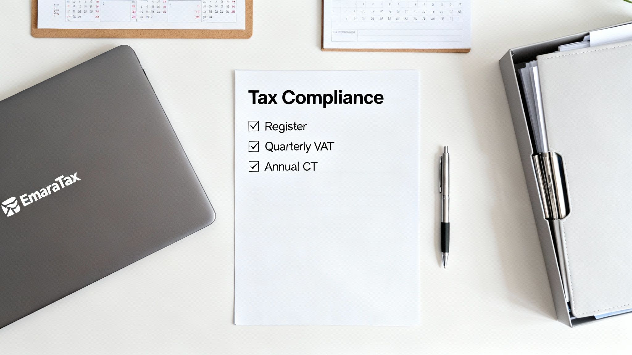 Tax compliance checklist document with laptop, pen, and notebook on white desk