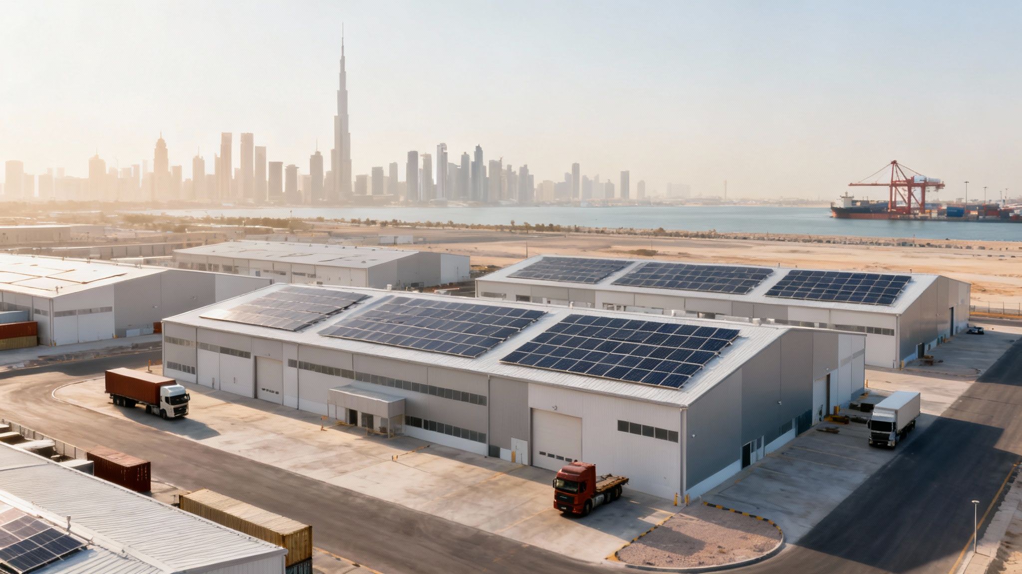 Aerial view of modern warehouses with rooftop solar panels, trucks, and Dubai skyline.