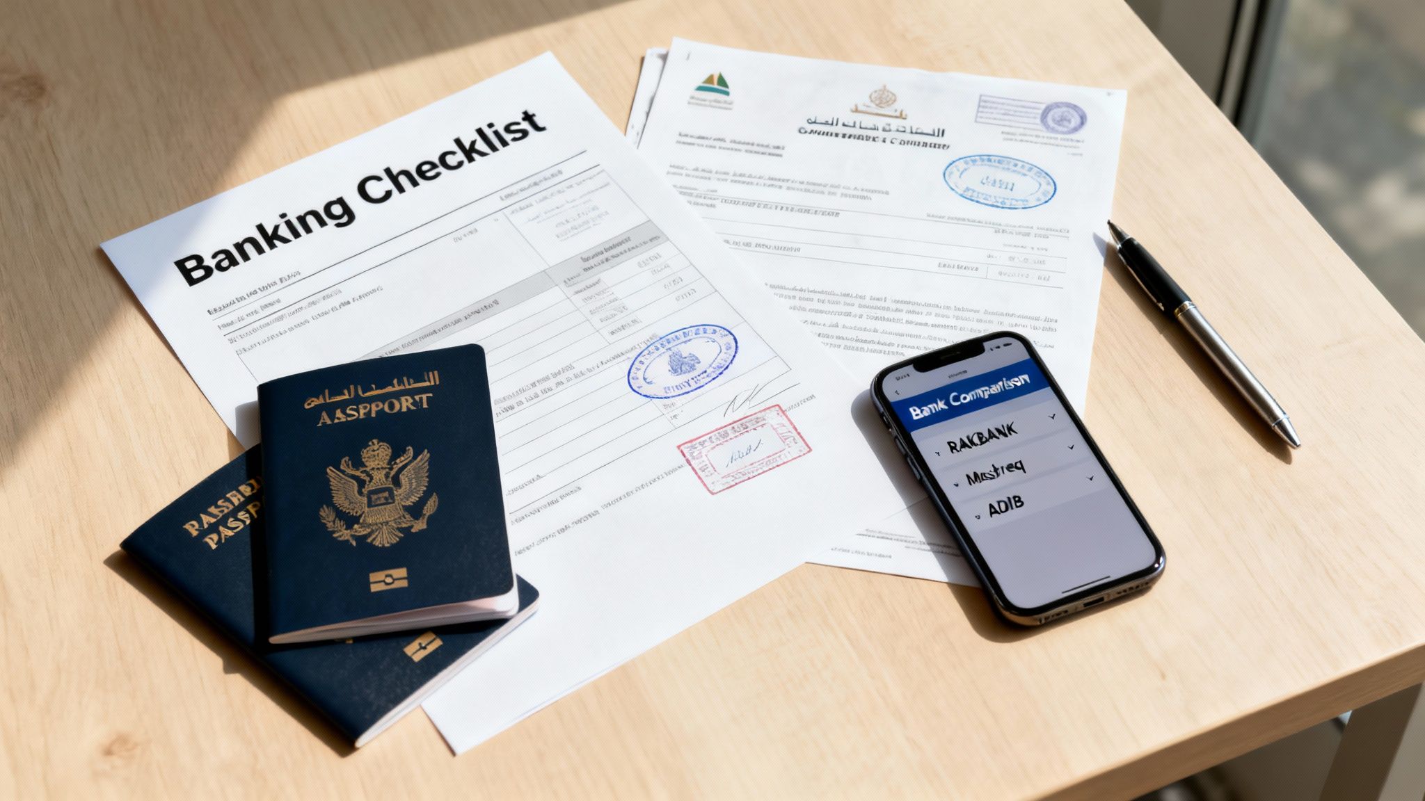 A banking checklist, passports, and a smartphone comparing banks for opening an account.
