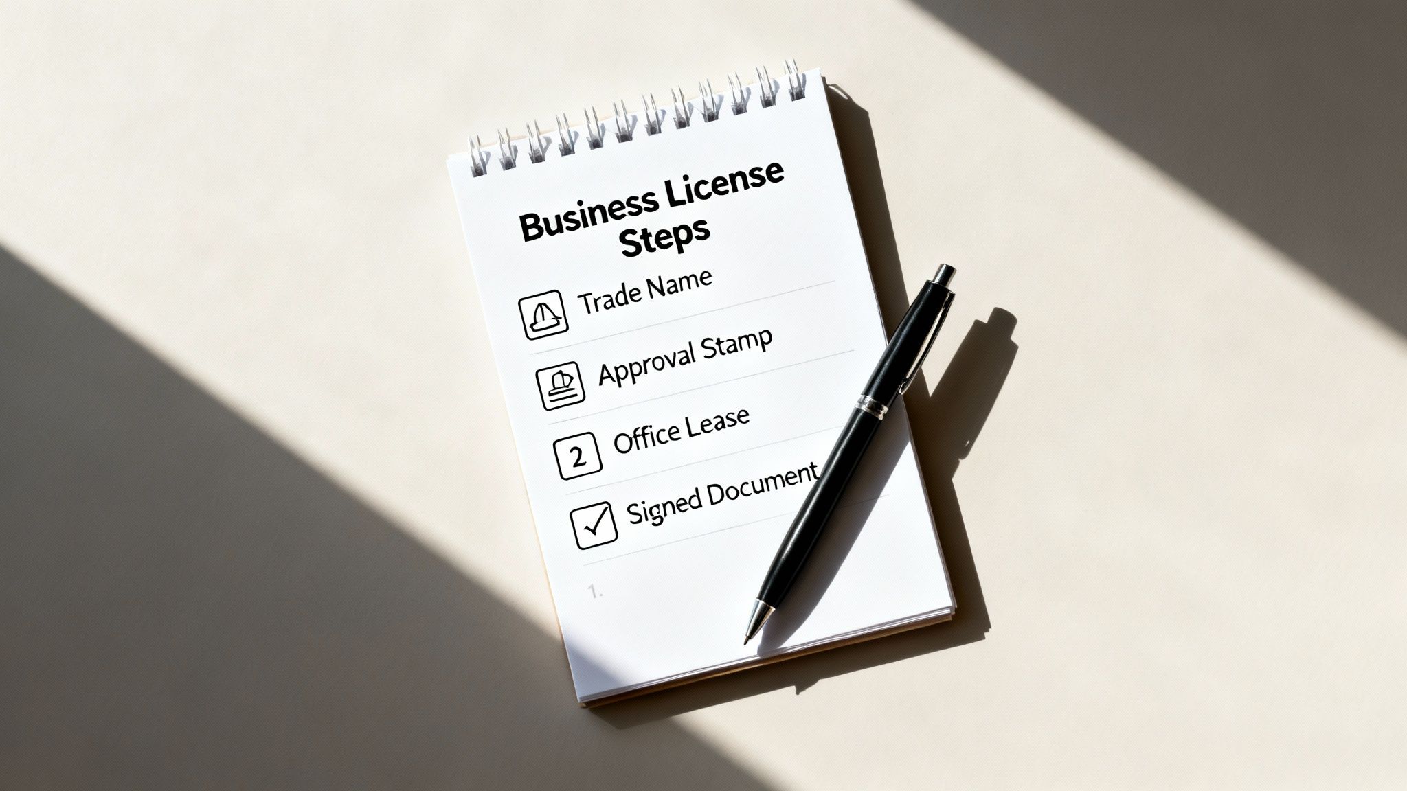 Notepad detailing business license steps, including trade name, approval, lease, and signed document, with a pen.