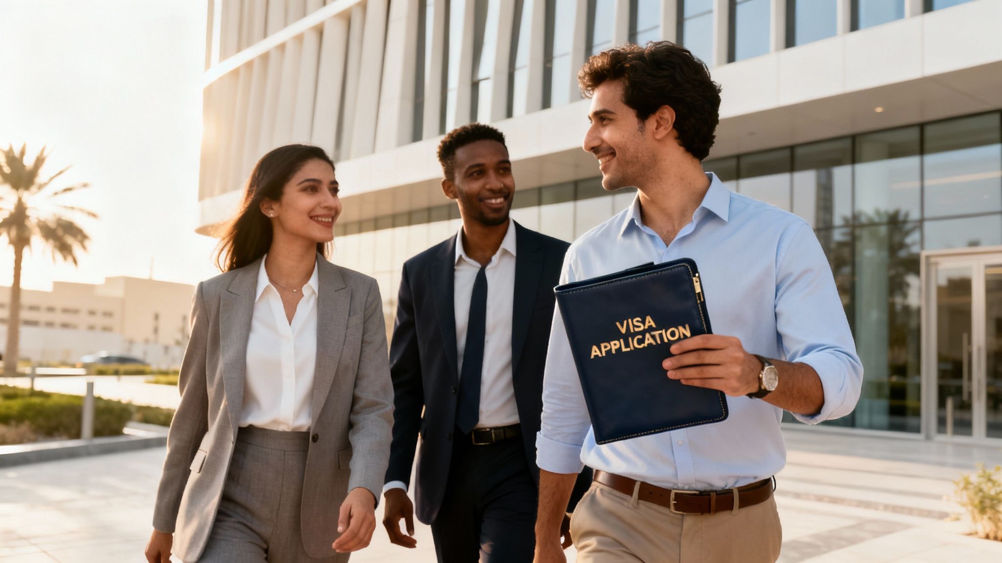 Diverse business people walk confidently, one holding a "Visa Application" folder, in a sunny urban setting.
