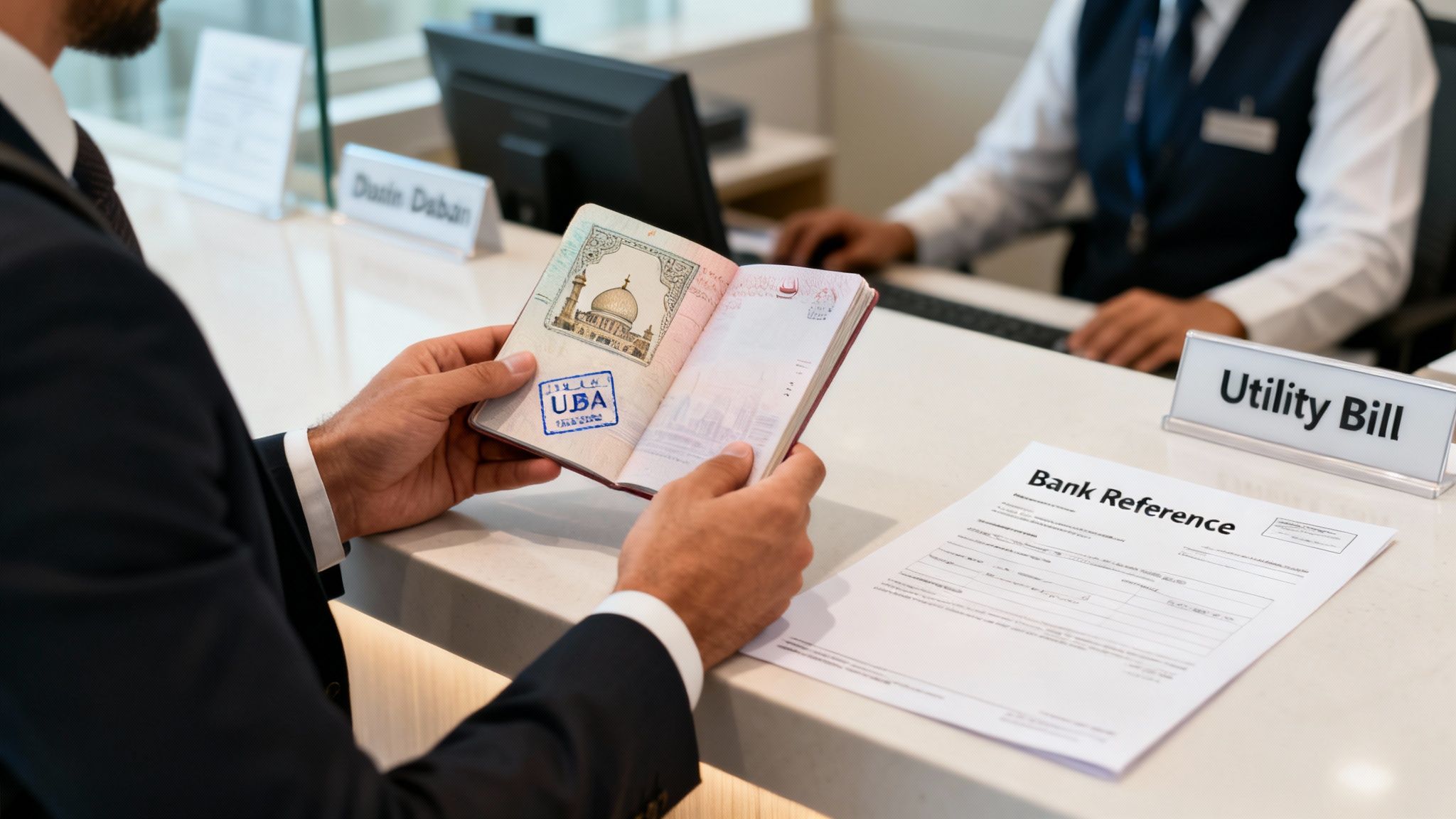 A businessman holding an open passport at a bank, with reference documents and a utility bill sign.