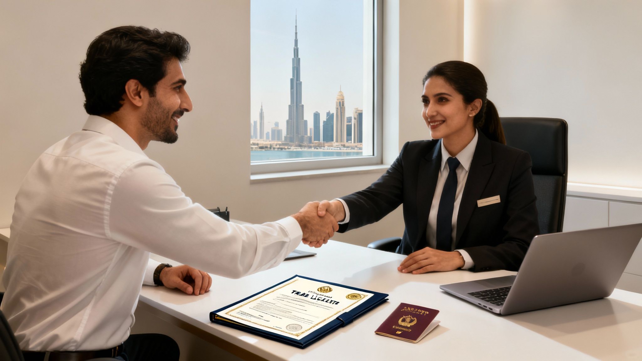 Two people shaking hands over a desk with the Dubai skyline, showing a trade license and passport.