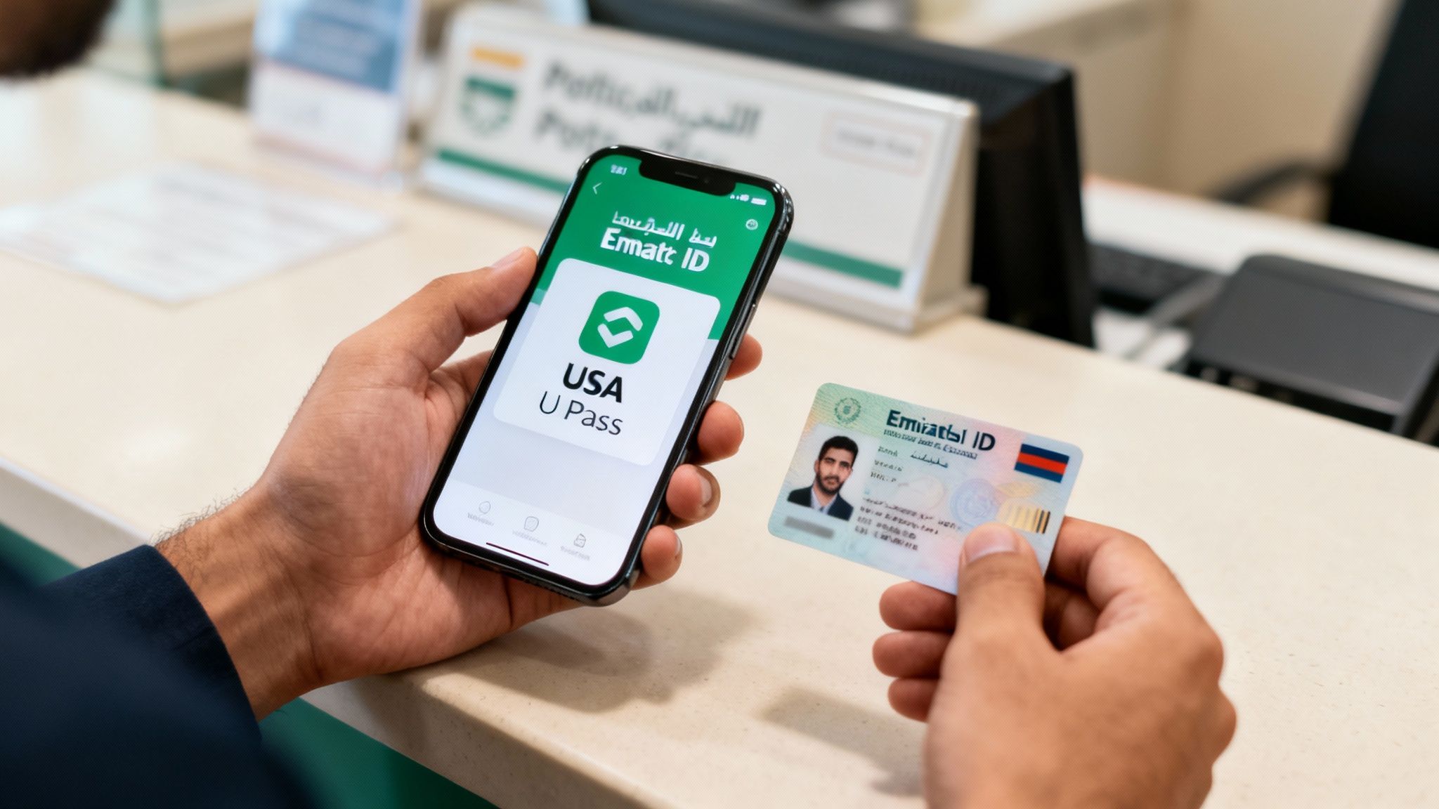 A person holding a smartphone displaying a digital ID app and a physical Emirates ID card.