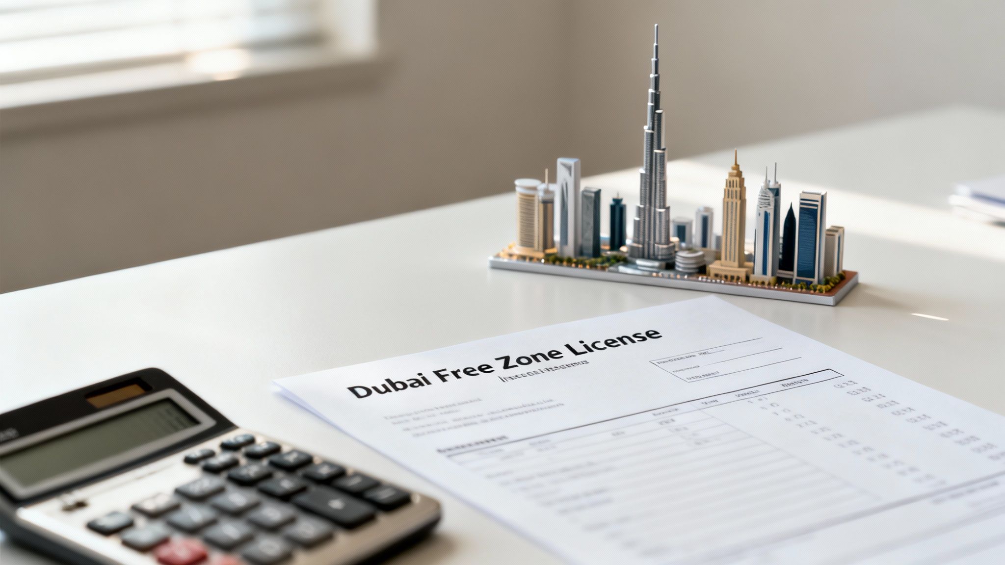 A Dubai Free Zone License document on a desk with a calculator and a Dubai skyline model.