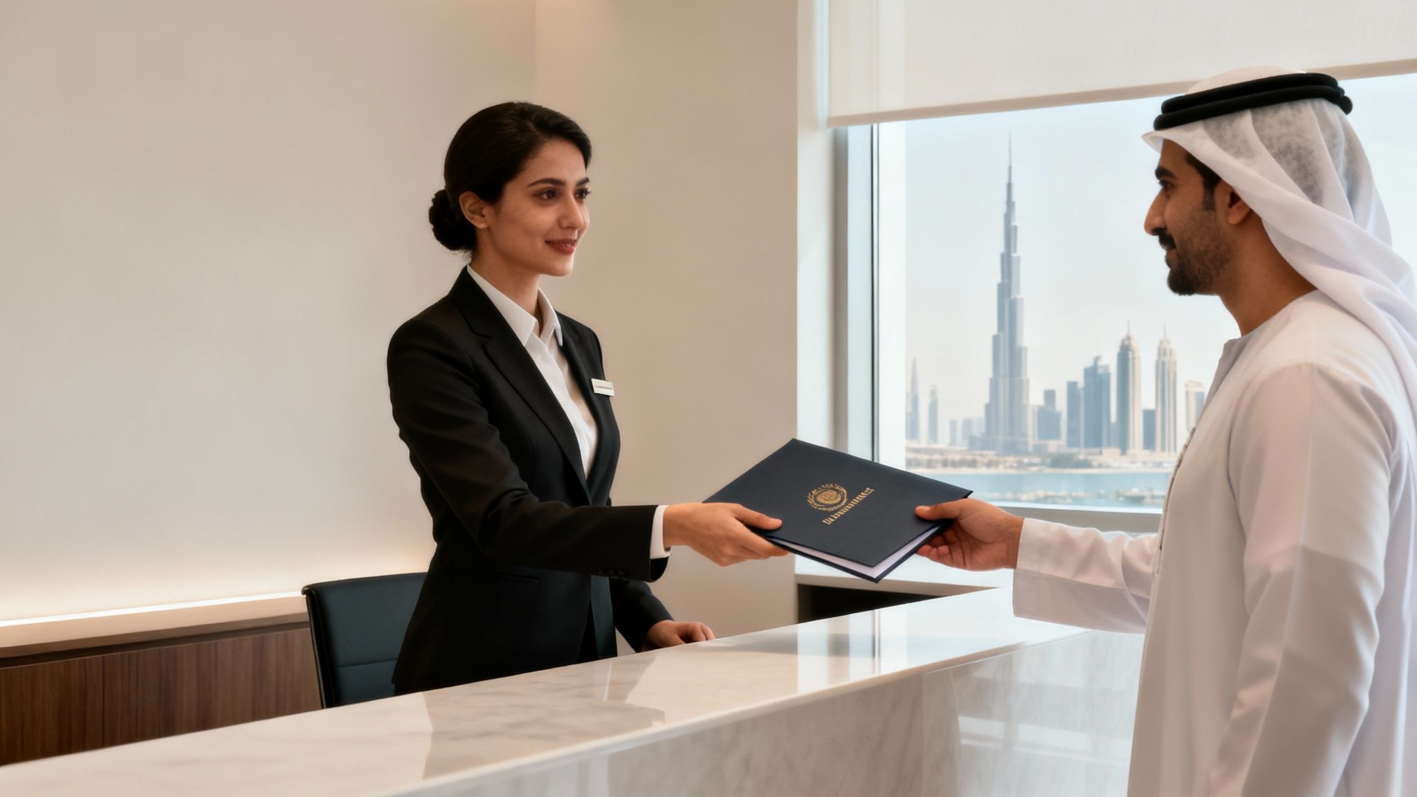 A professional woman hands a document to a man at a reception desk, with Dubai's Burj Khalifa in the background.