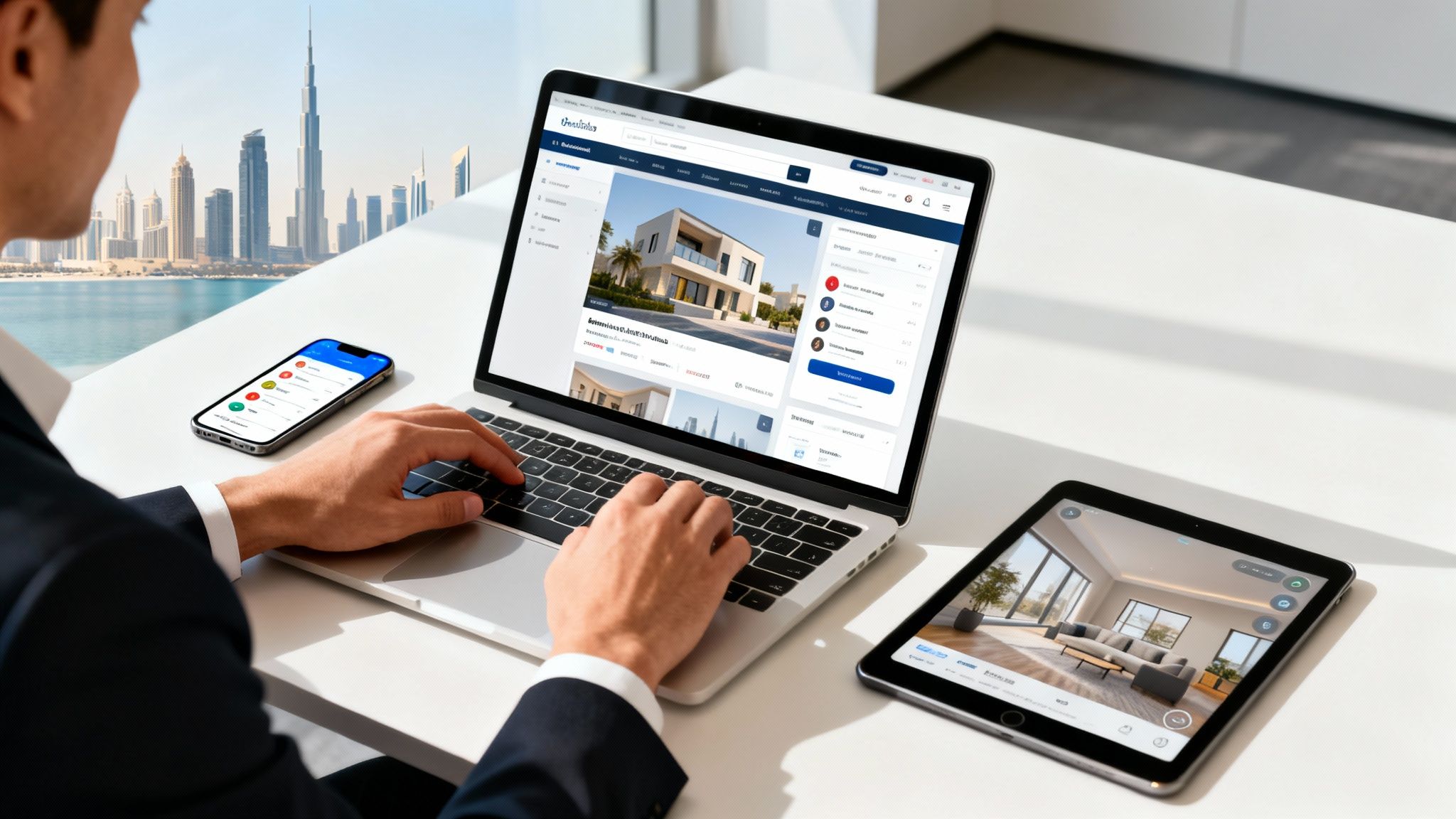 A man uses a laptop, smartphone, and tablet to browse real estate listings with Dubai skyline in the background.