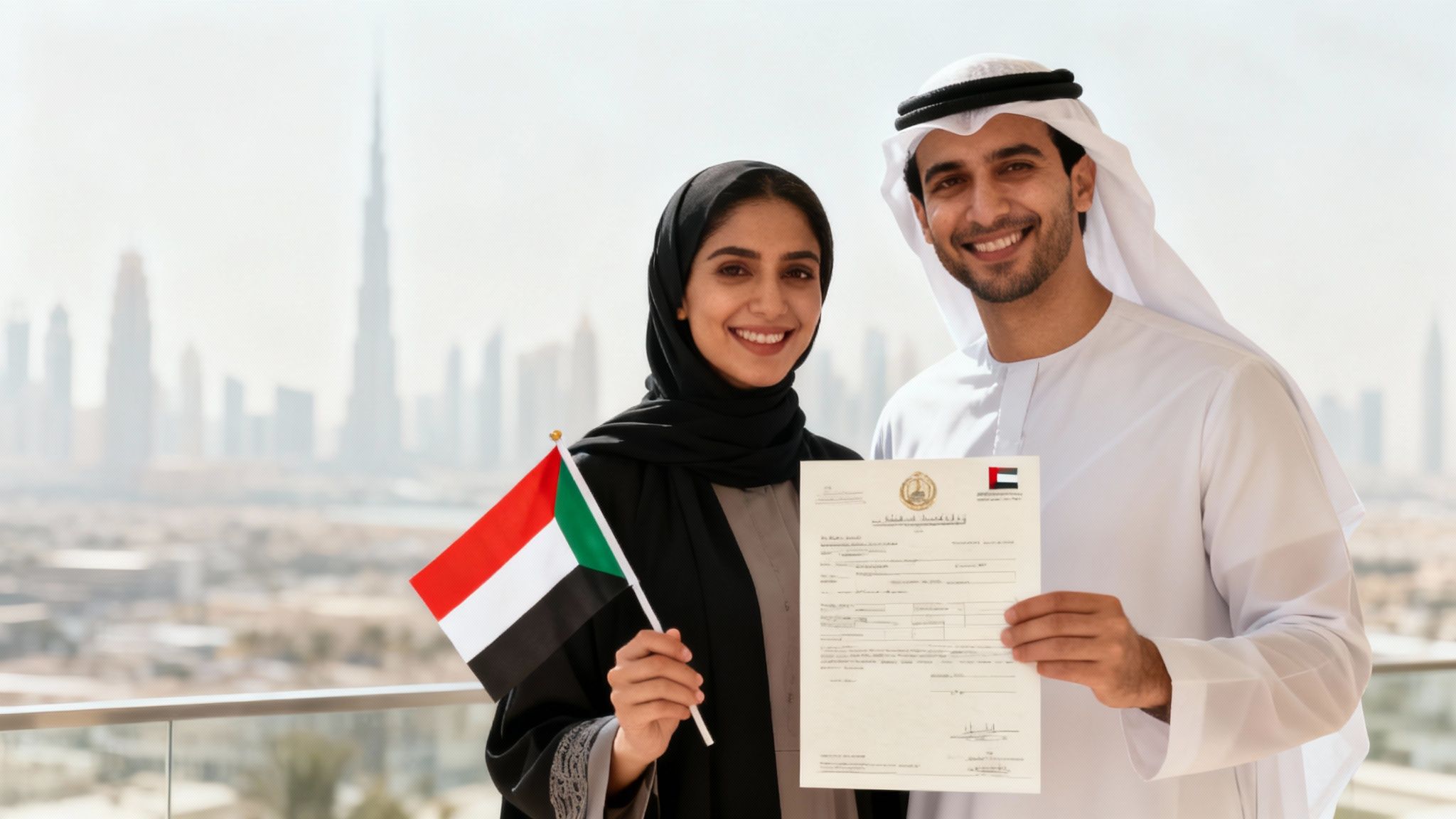 A couple holding hands with a UAE visa document and passports in the background