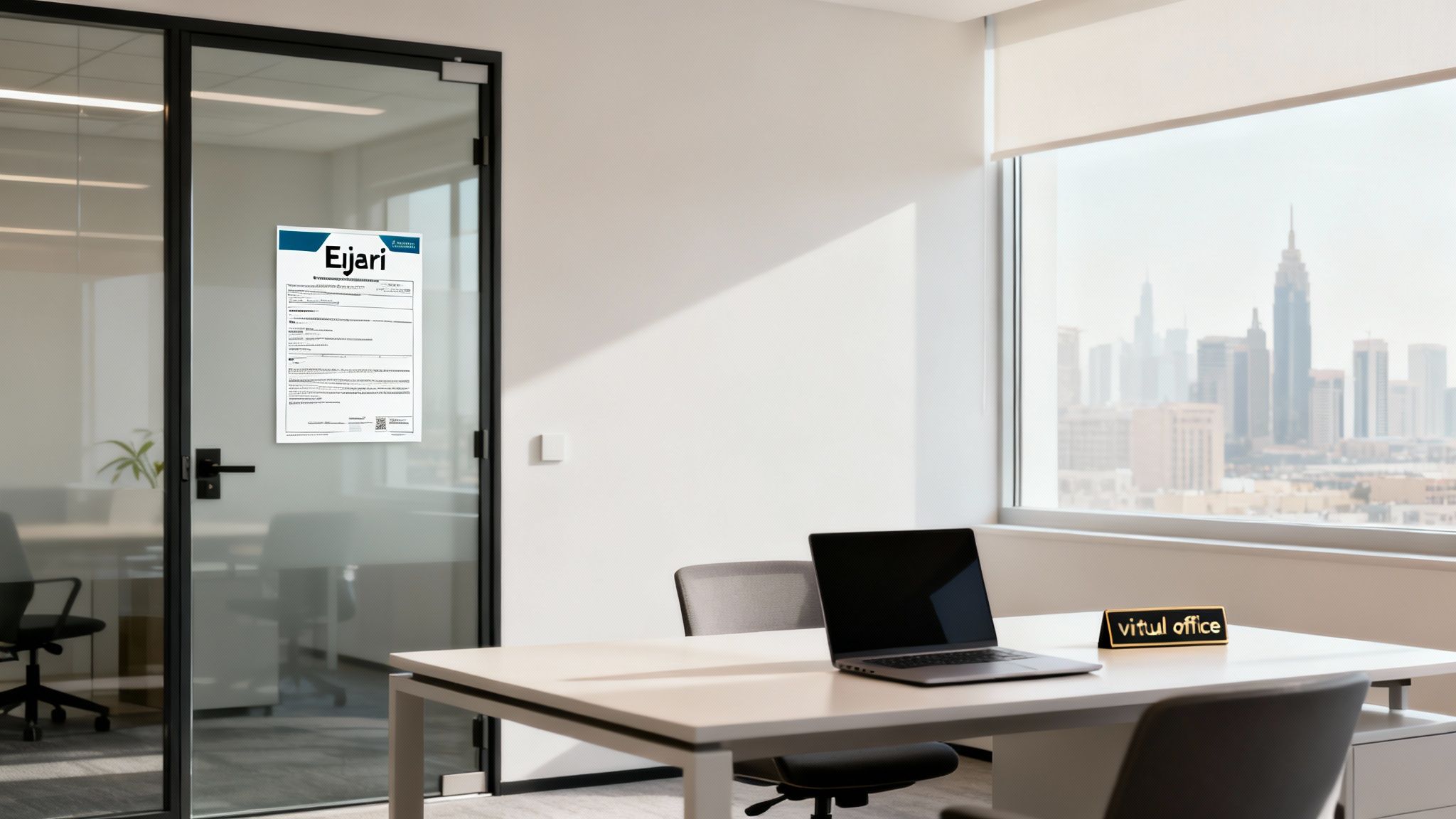 Modern office space with large windows overlooking a cityscape