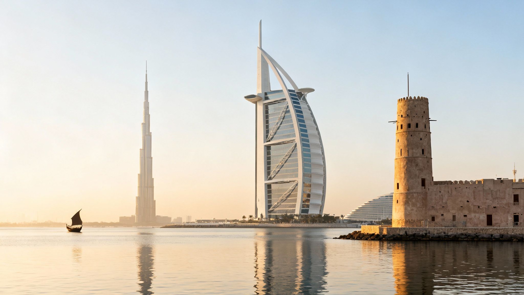Iconic Dubai skyline at sunrise, featuring Burj Khalifa, Burj Al Arab, an old fort, and a traditional boat on water.