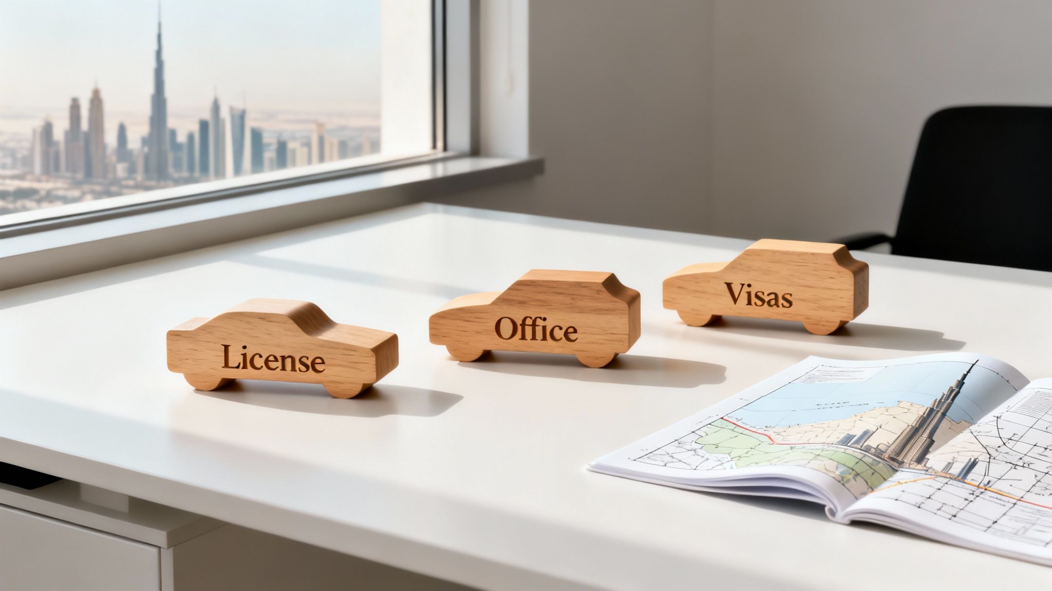Three wooden toy cars labeled 'License', 'Office', and 'Visas' on a desk with a Dubai cityscape.