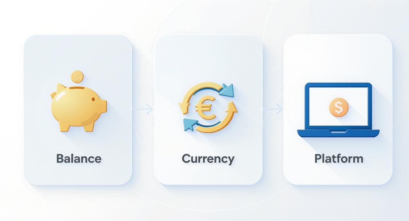 Infographic comparing key bank selection criteria for non-residents, including minimum balance, multi-currency options, and digital platform quality.
