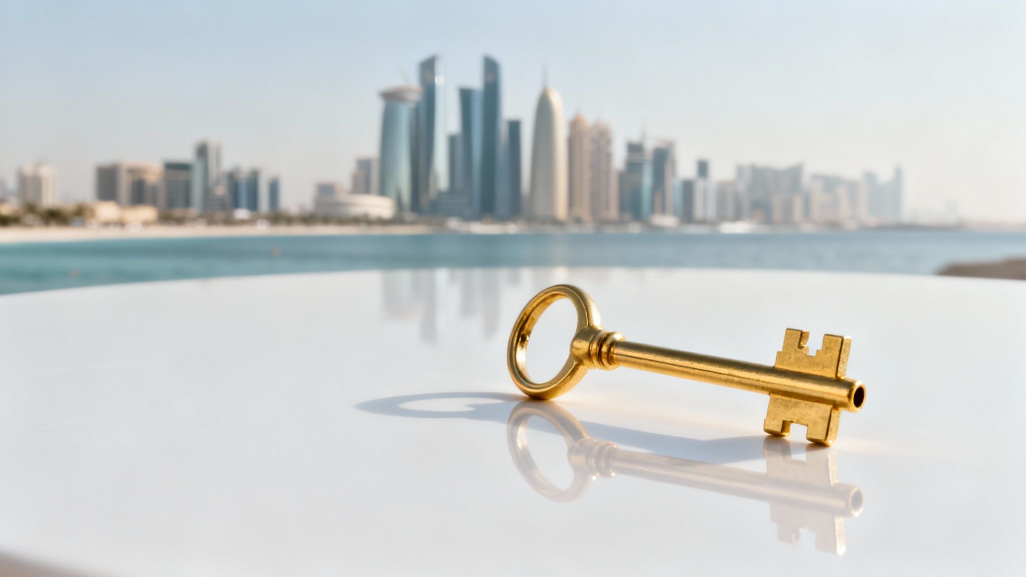 A shiny golden key rests on a reflective white surface, with a modern city skyline and ocean in the blurred background.