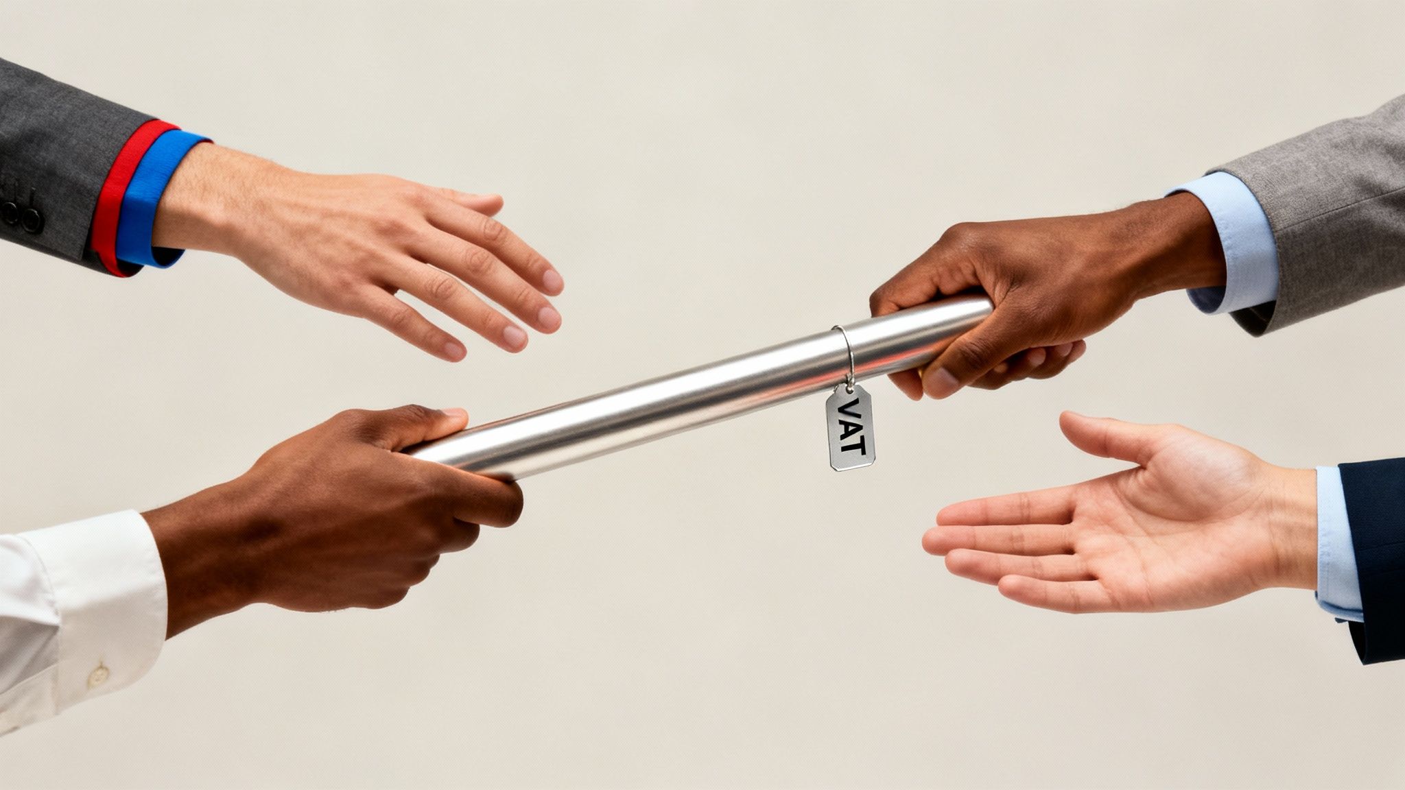 Multiple hands reaching for silver baton with VAT tag representing business tax relay
