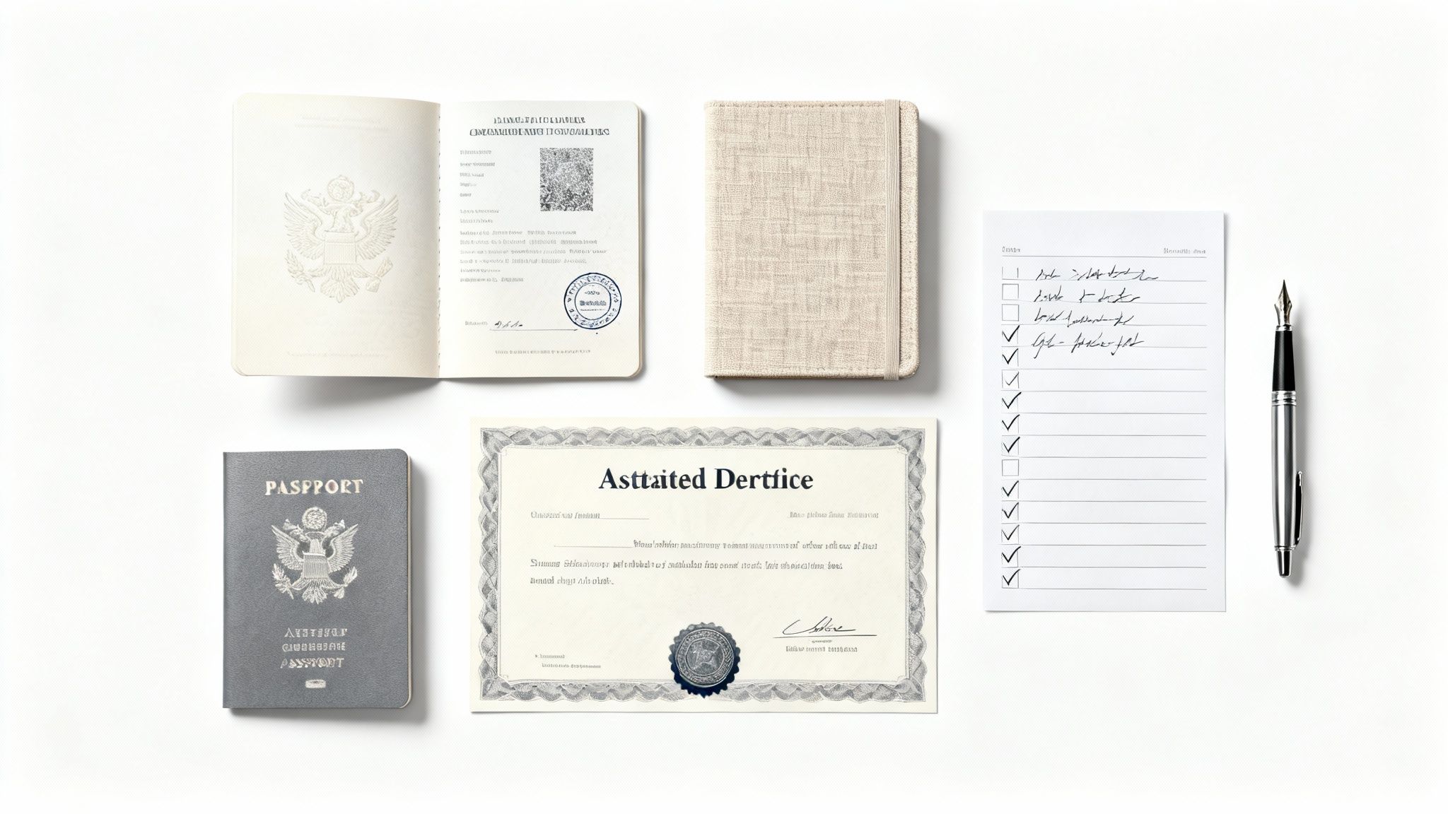 A desk with a passport, laptop, and important documents neatly arranged