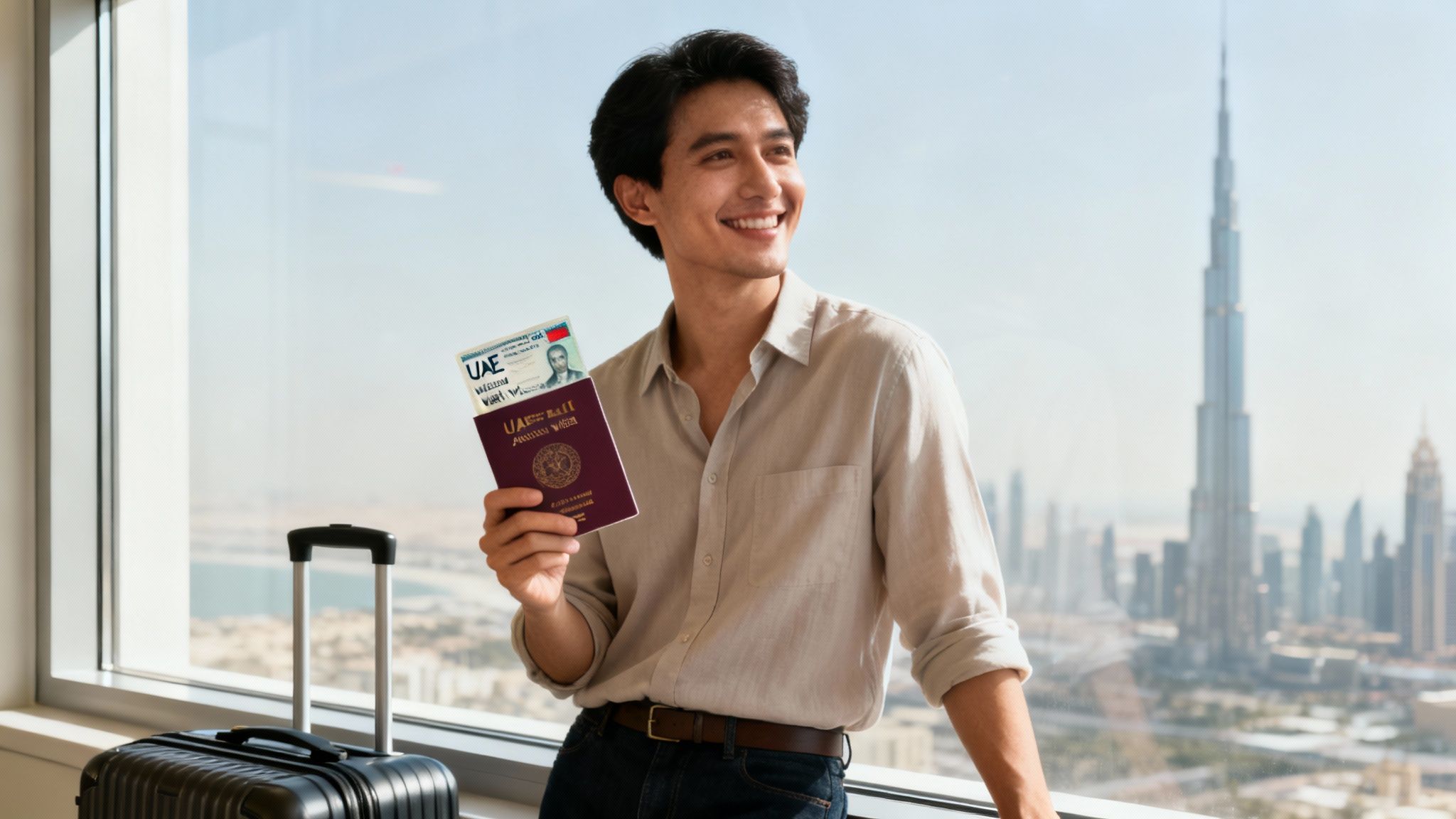 Smiling man holding passport and ticket, looking out at the Dubai skyline with Burj Khalifa.