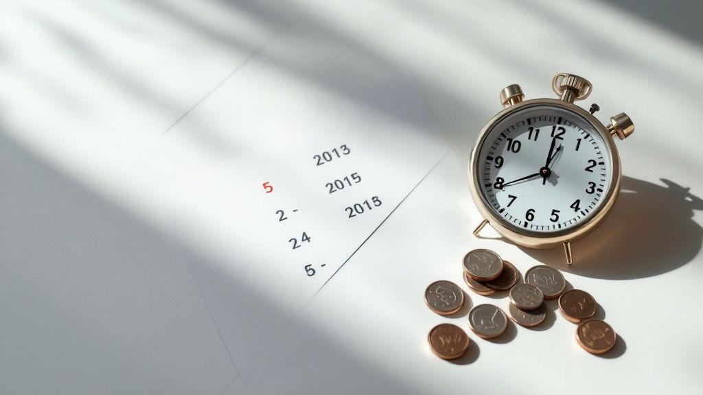 A calendar and a stack of coins on a desk, symbolising planning for Golden Visa costs and timelines