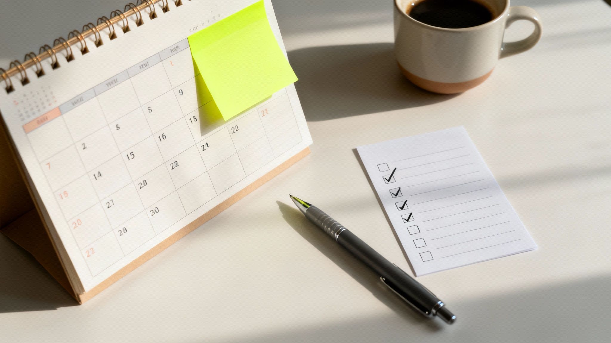 Desk calendar, yellow sticky note, pen, checklist, and coffee cup on a sunny white table.