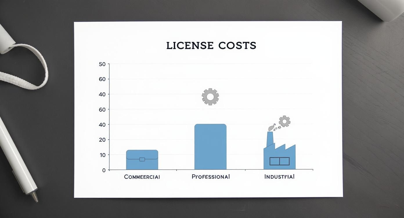 Infographic comparing the costs of Commercial, Professional, and Industrial trade licenses in Dubai.