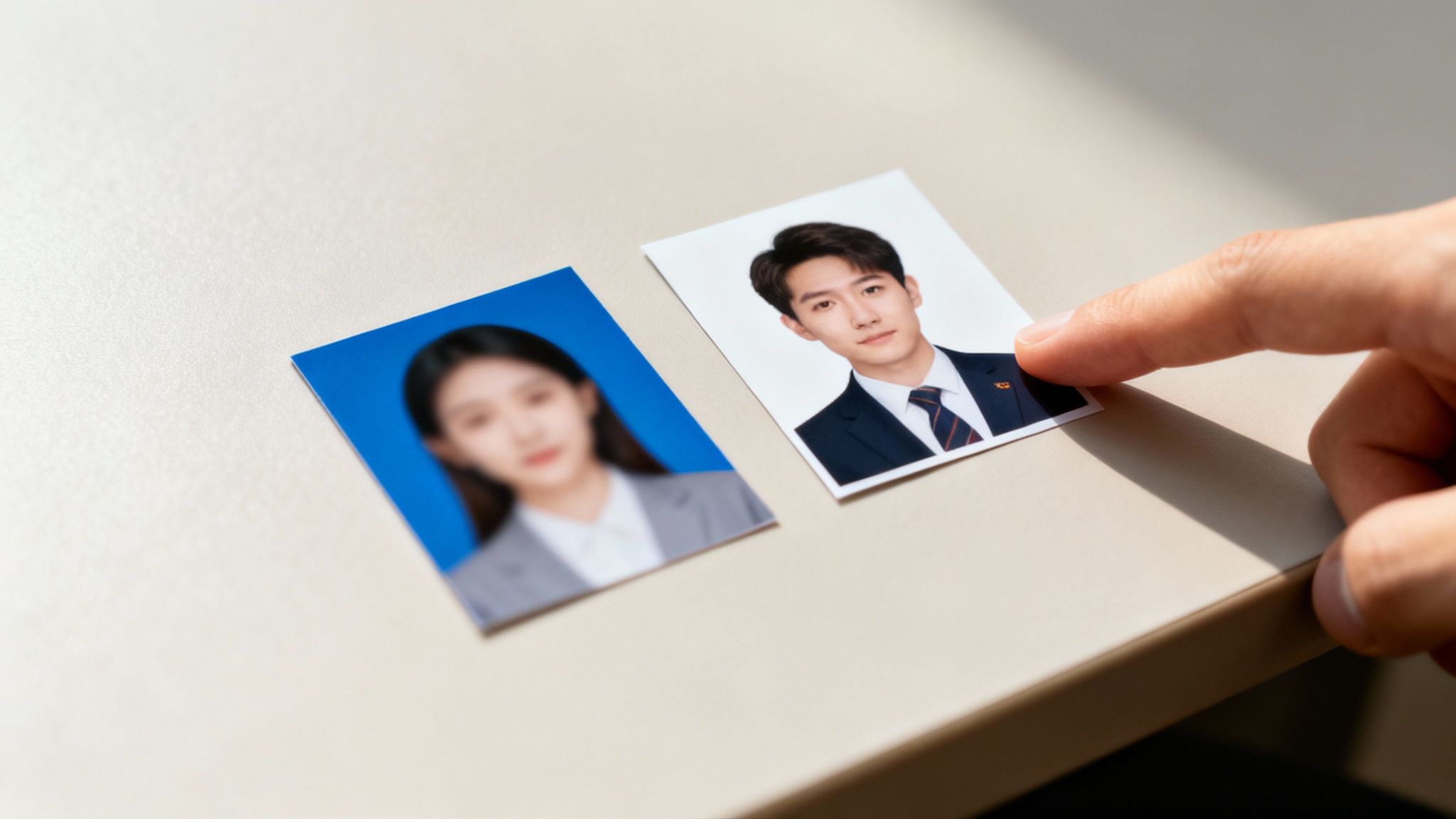 Two passport-style photos, one blurred of a woman and one clear of a man, touched by a finger.