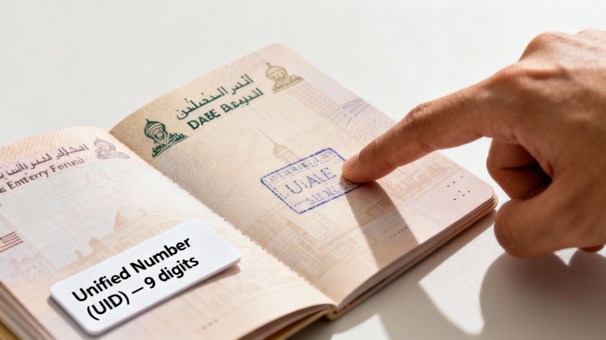A hand points to an open UAE passport page with a blue entry stamp and a label about Unified Number (UID).