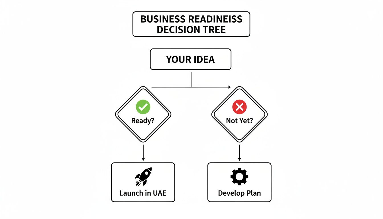 A business readiness decision tree flowchart showing steps from an idea to launching in UAE or developing a plan.