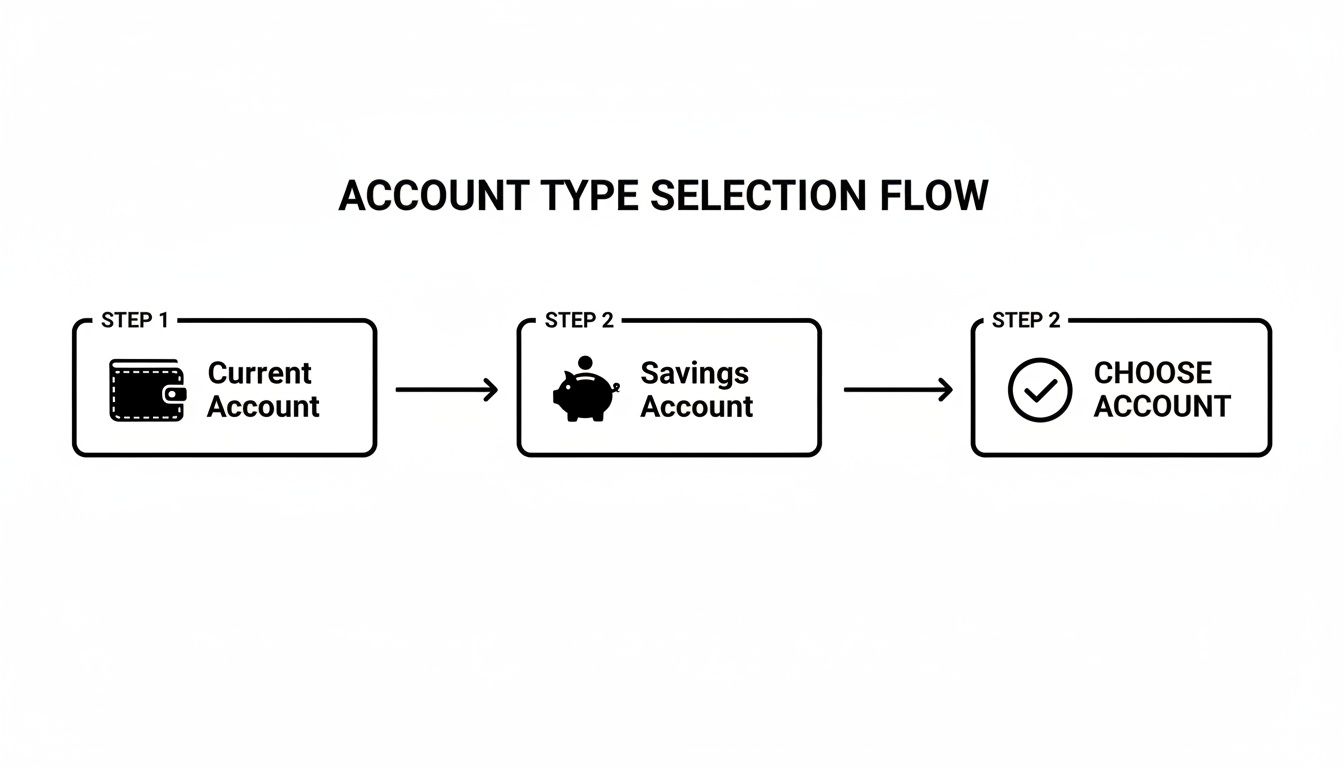 Flowchart showing account type selection steps: Current Account, Savings Account, and Choose Account.