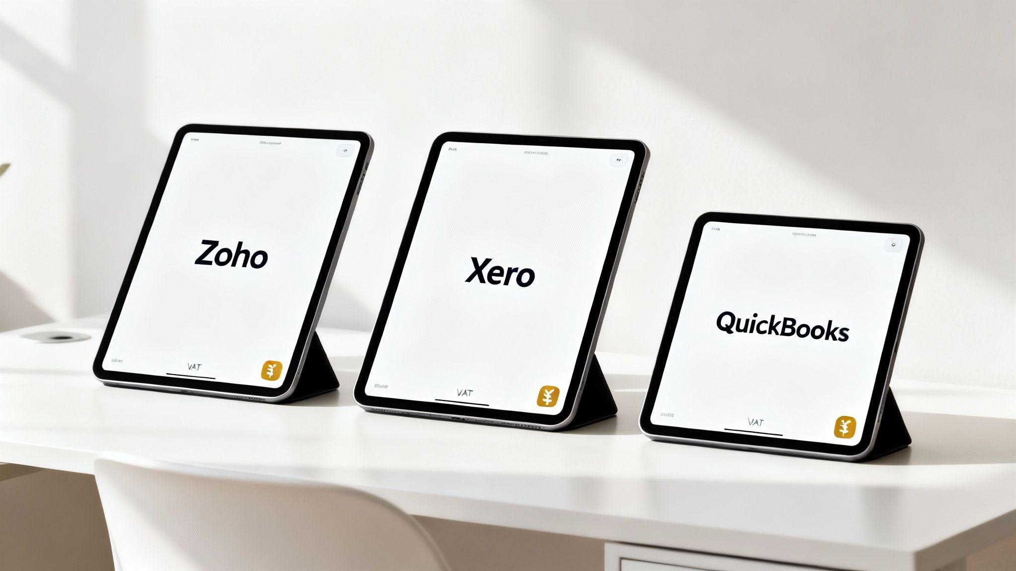 Three tablets displaying Zoho, Xero, and QuickBooks accounting software logos with VAT labels on white desk