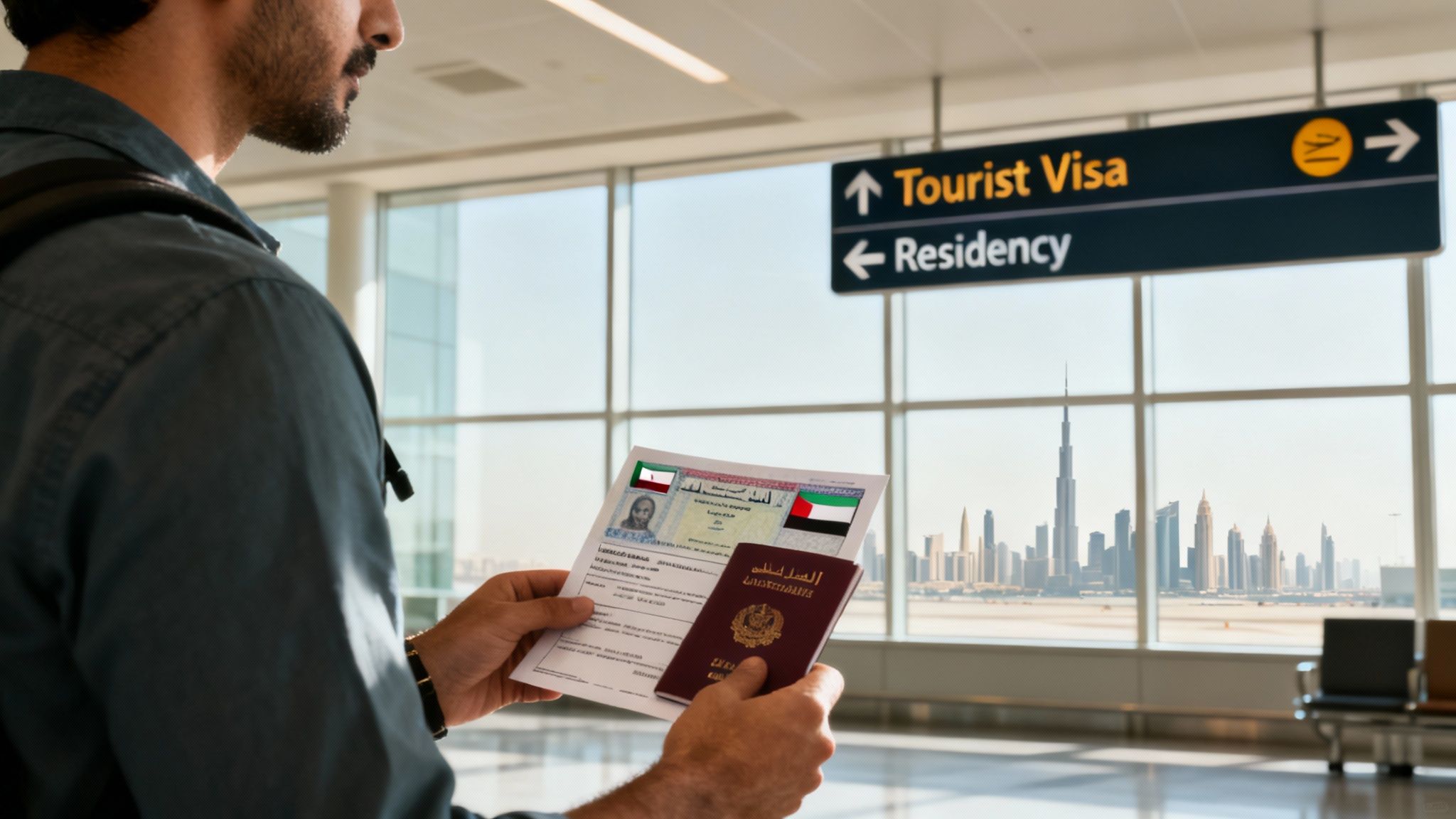 Traveler at airport holds passport and visa, choosing between 'Tourist Visa' and 'Residency'.