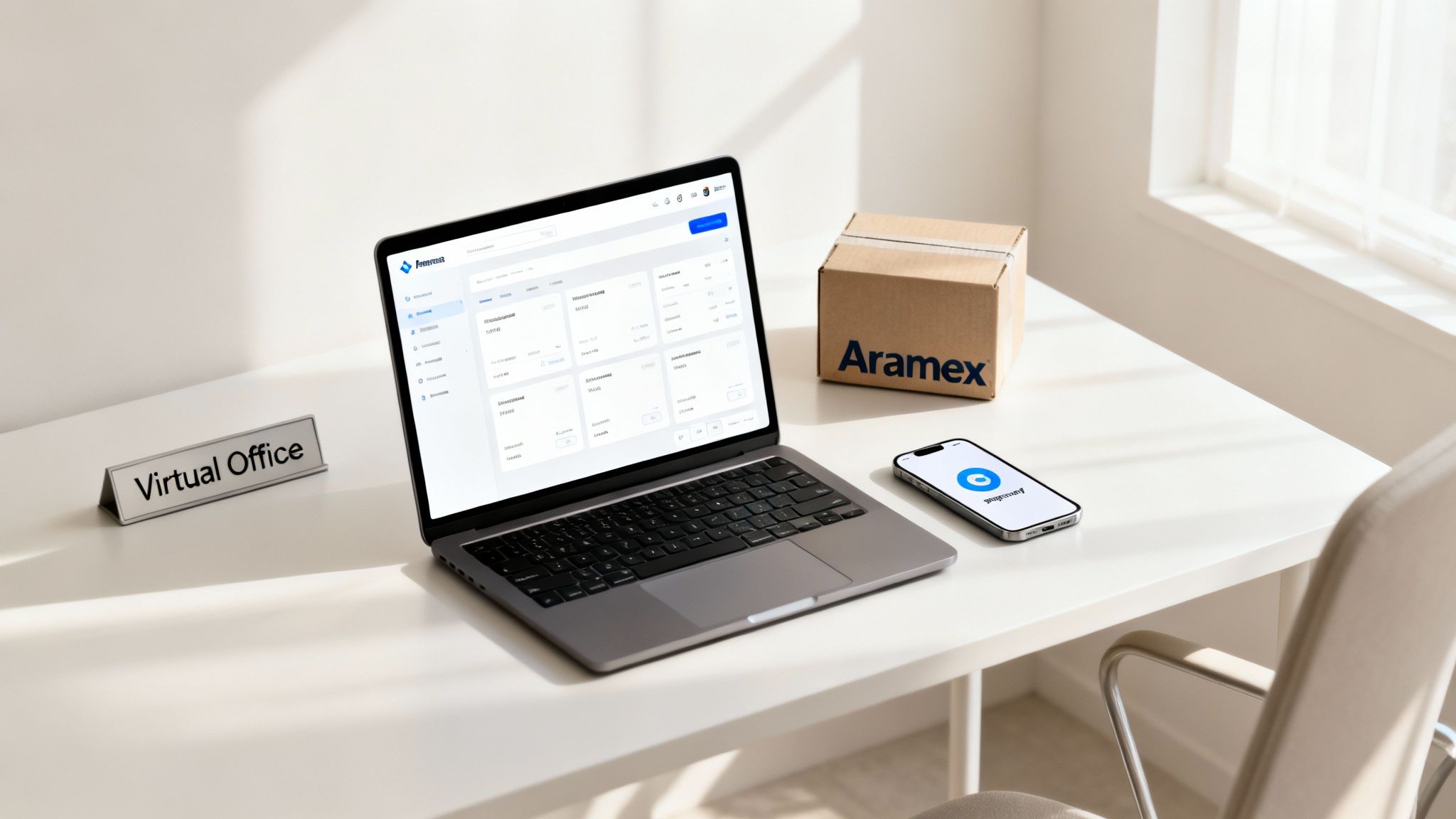 A virtual office desk with a laptop displaying Aramex software, an Aramex package, and a smartphone.