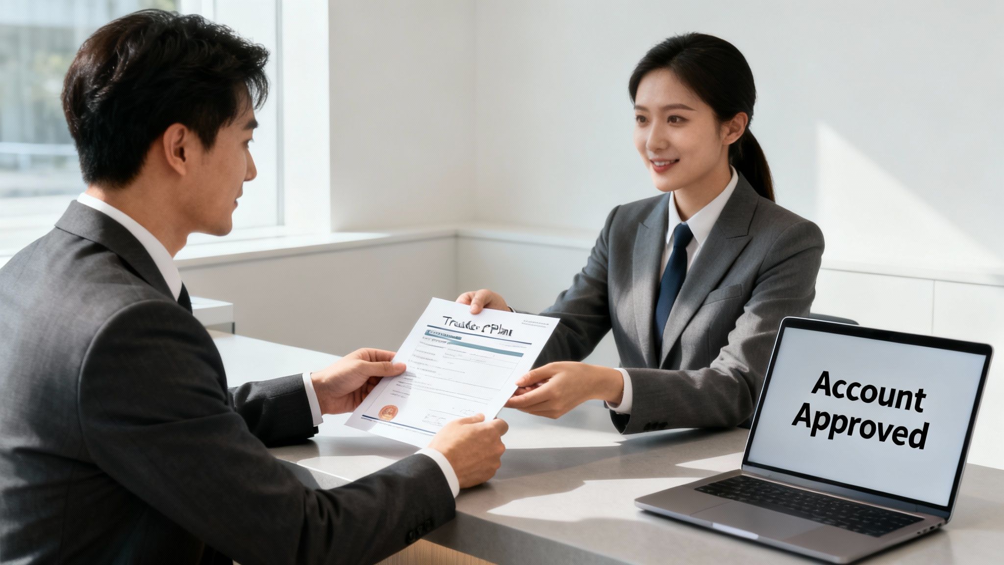 A smiling business woman hands a document titled 'Trustee Plan' to a man, with a laptop displaying 'Account Approved' on the table.
